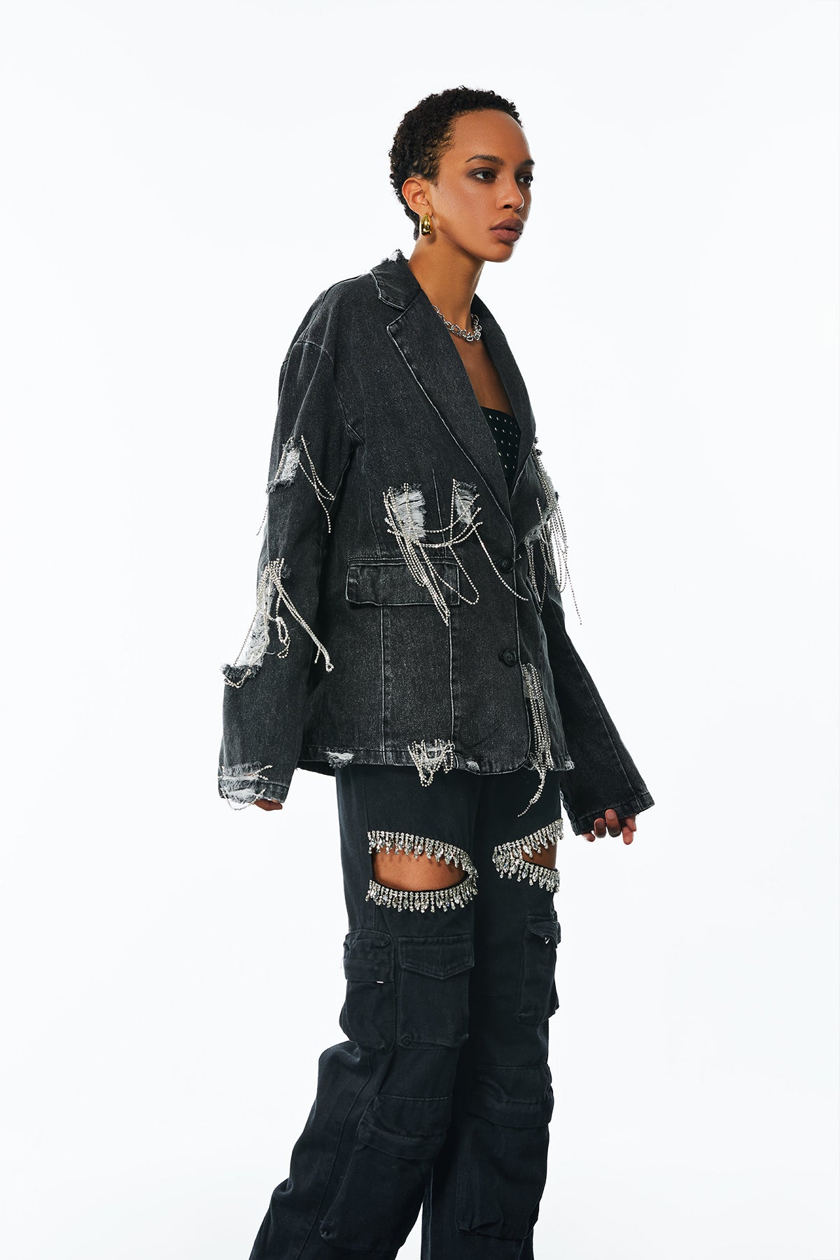 Afton Rhinestone Chain Torn Denim Jacket