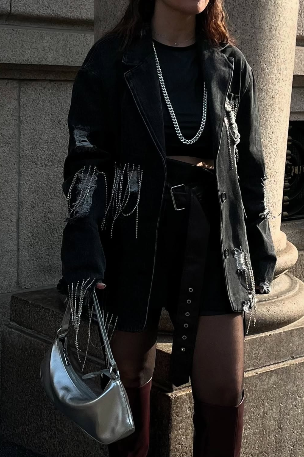 Afton Rhinestone Chain Torn Denim Jacket