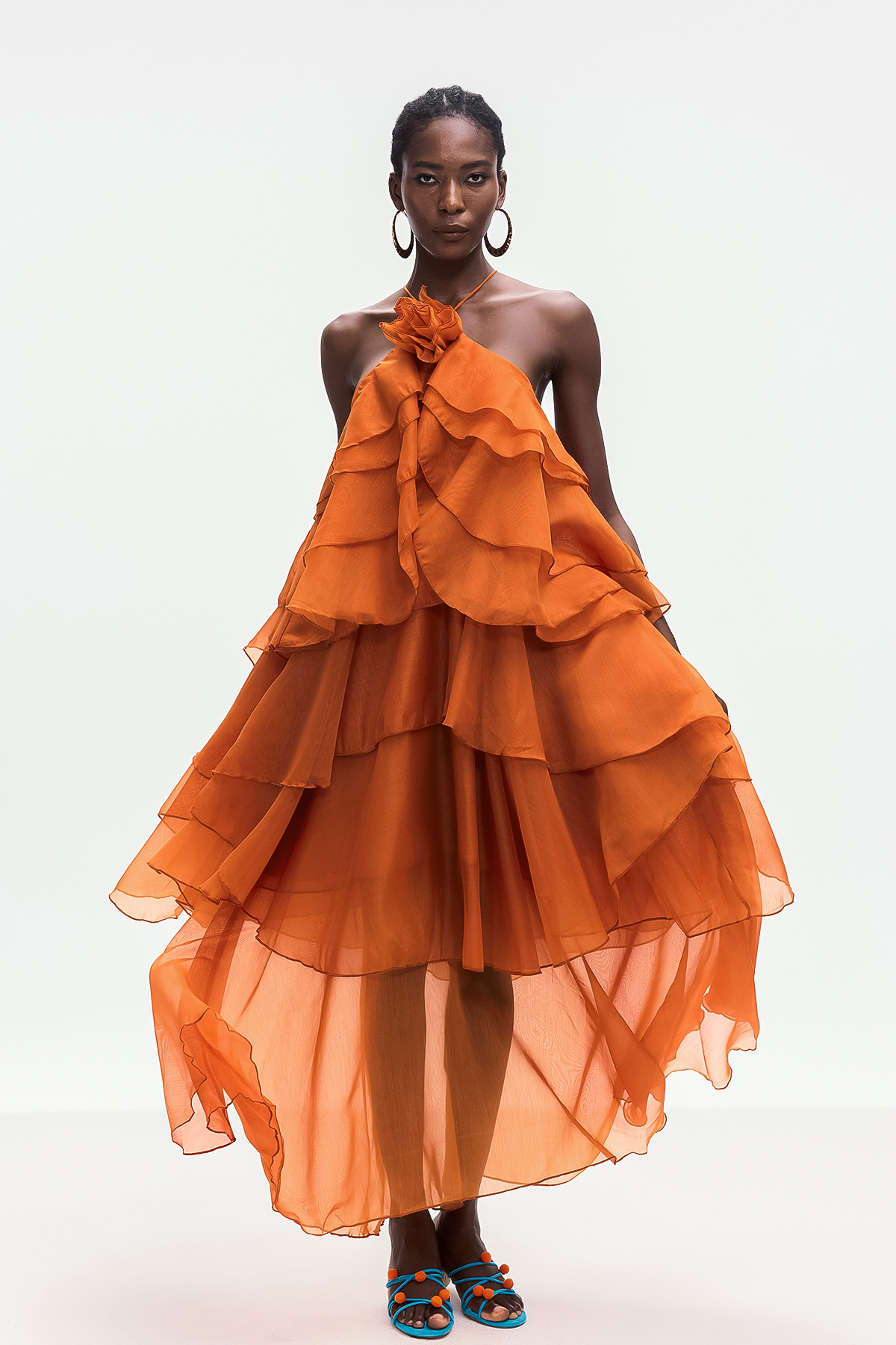 Ailish Backless Flower Ruch Maxi Dress In Orange