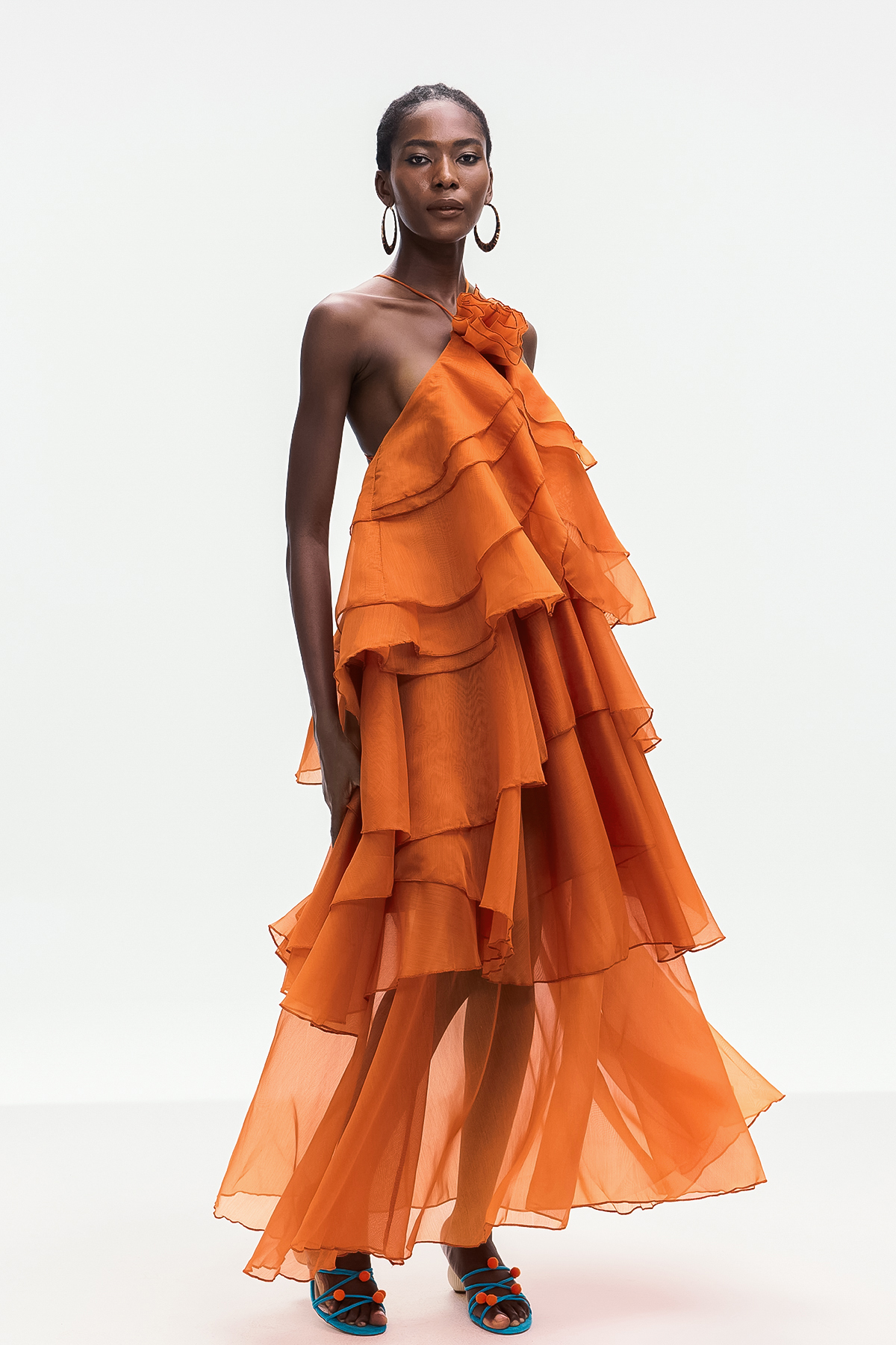 Ailish Backless Flower Ruch Maxi Dress In Orange