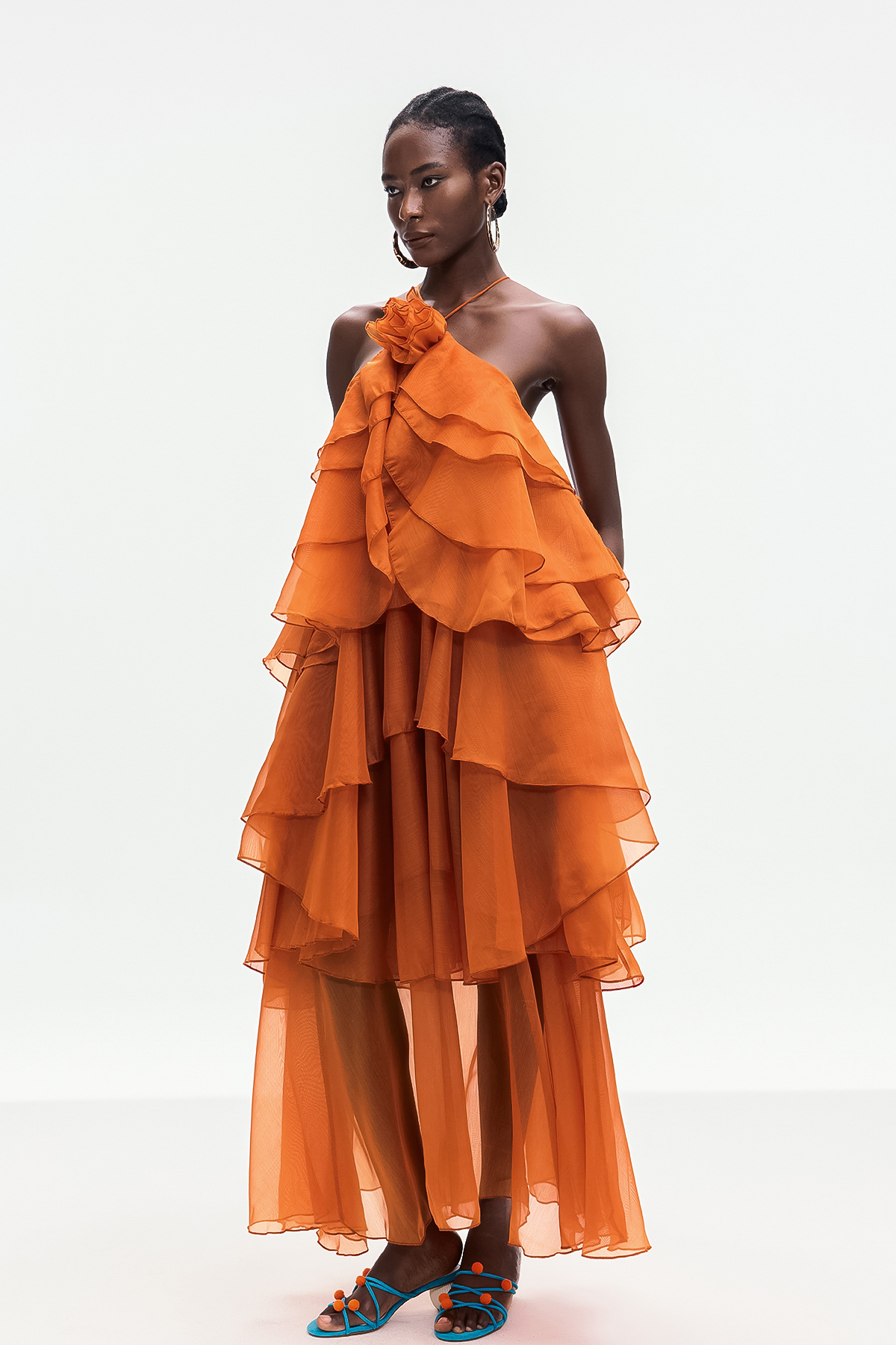 Ailish Backless Flower Ruch Maxi Dress In Orange