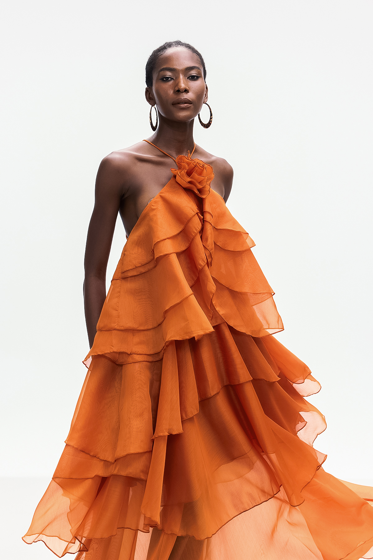 Ailish Backless Flower Ruch Maxi Dress In Orange