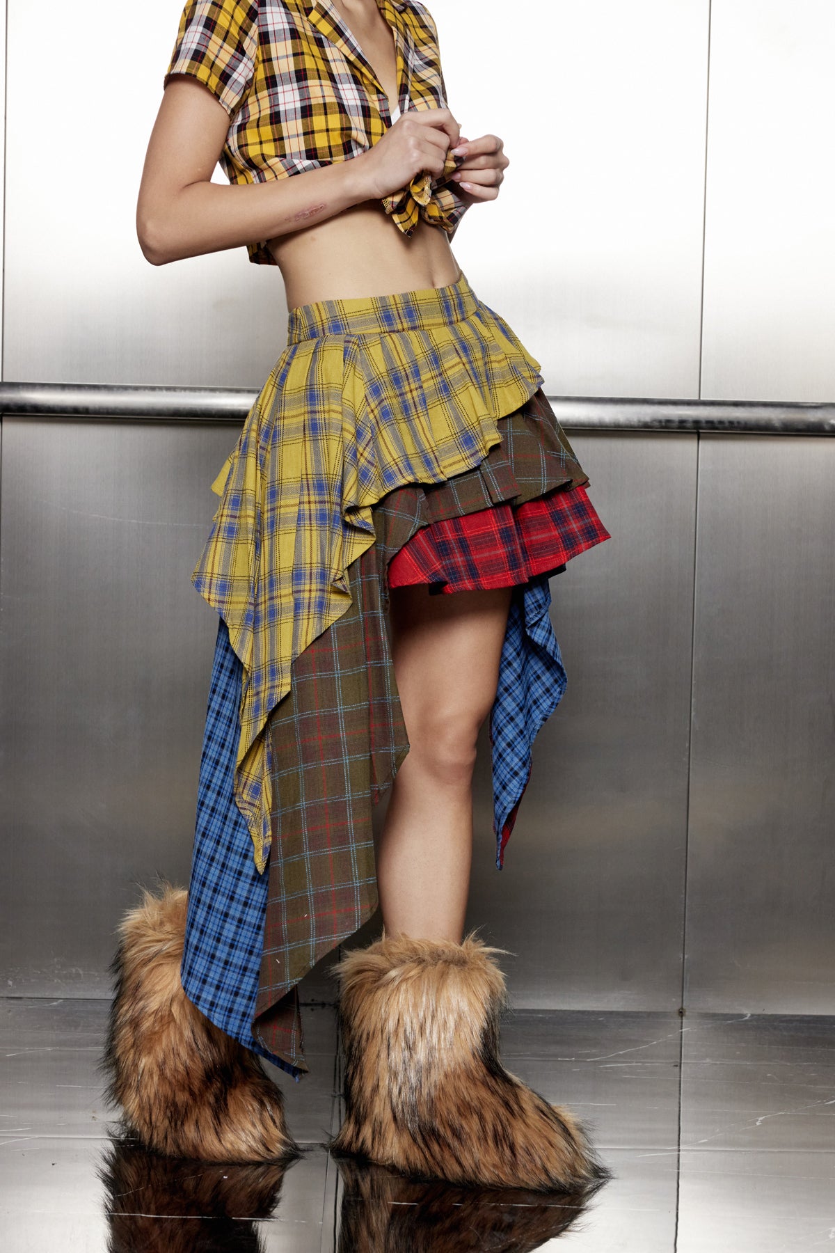 Akifumi Grid Patchwork Ruffle Asymmetric Skirt