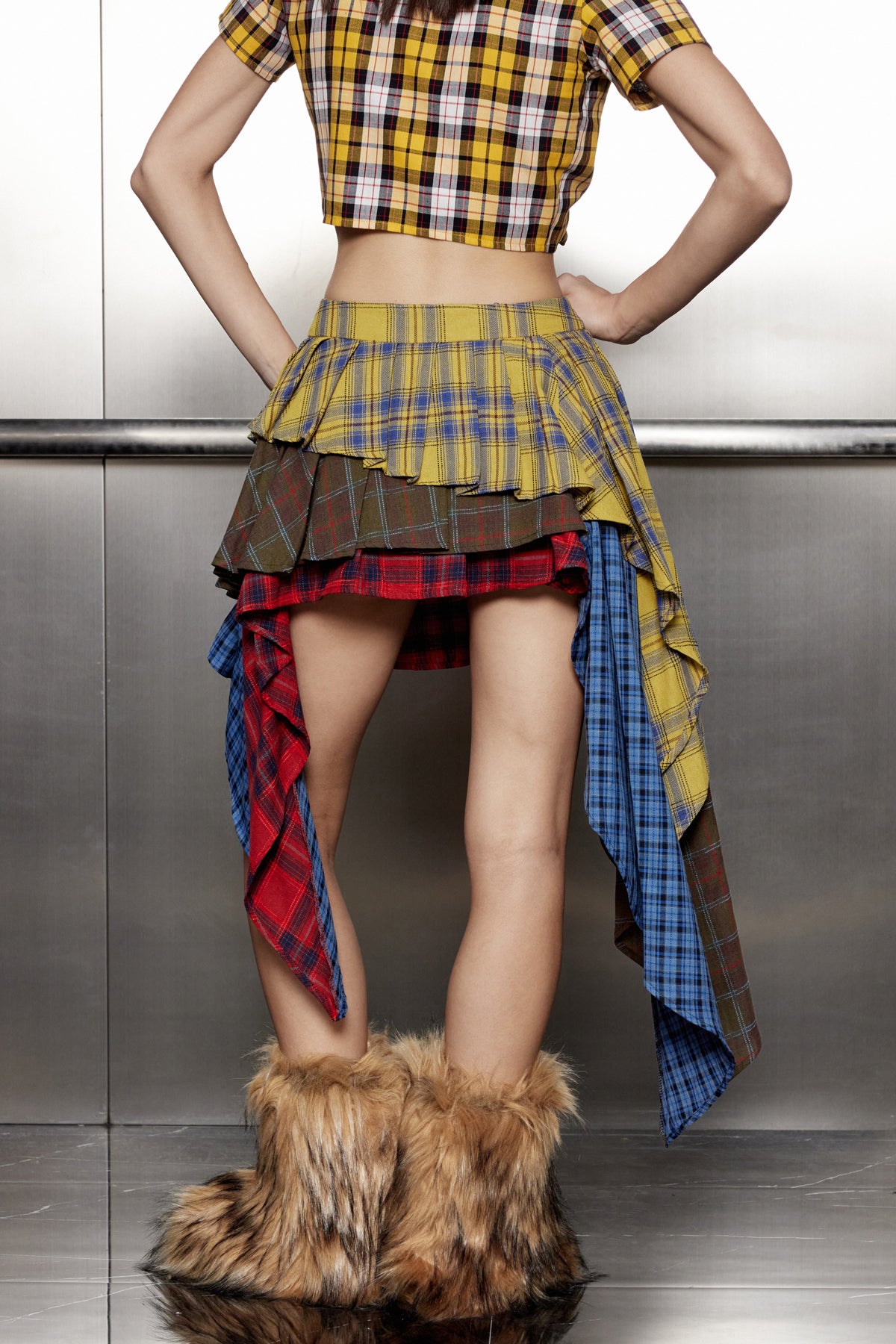 Akifumi Grid Patchwork Ruffle Asymmetric Skirt