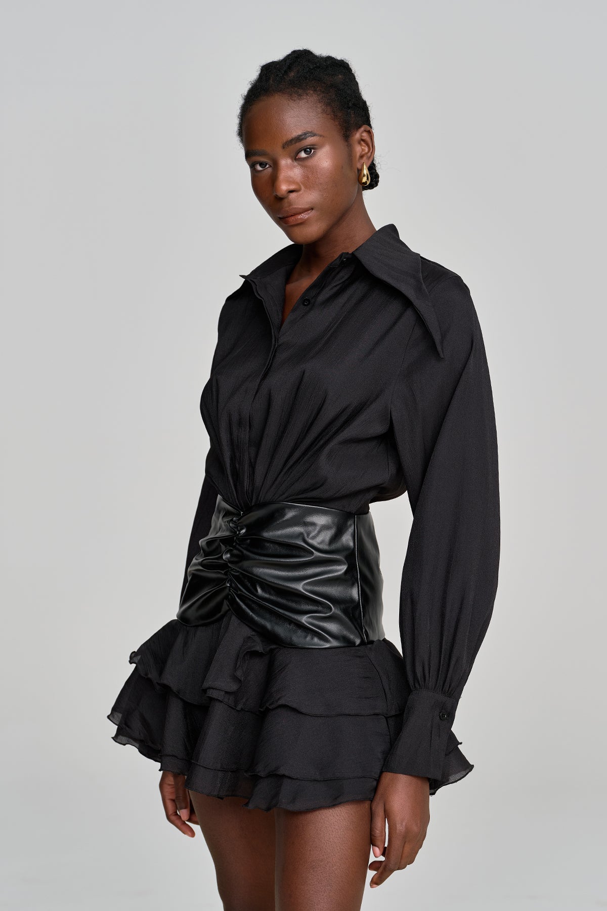 Alohilani Ruch Ruffle Leather Buckle Mesh Mini Dress