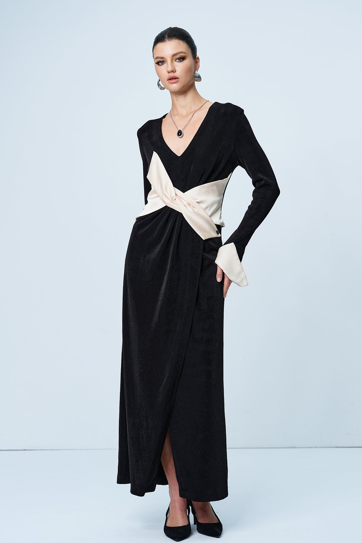 Alsatia Bow Plunge Split Maxi Dress