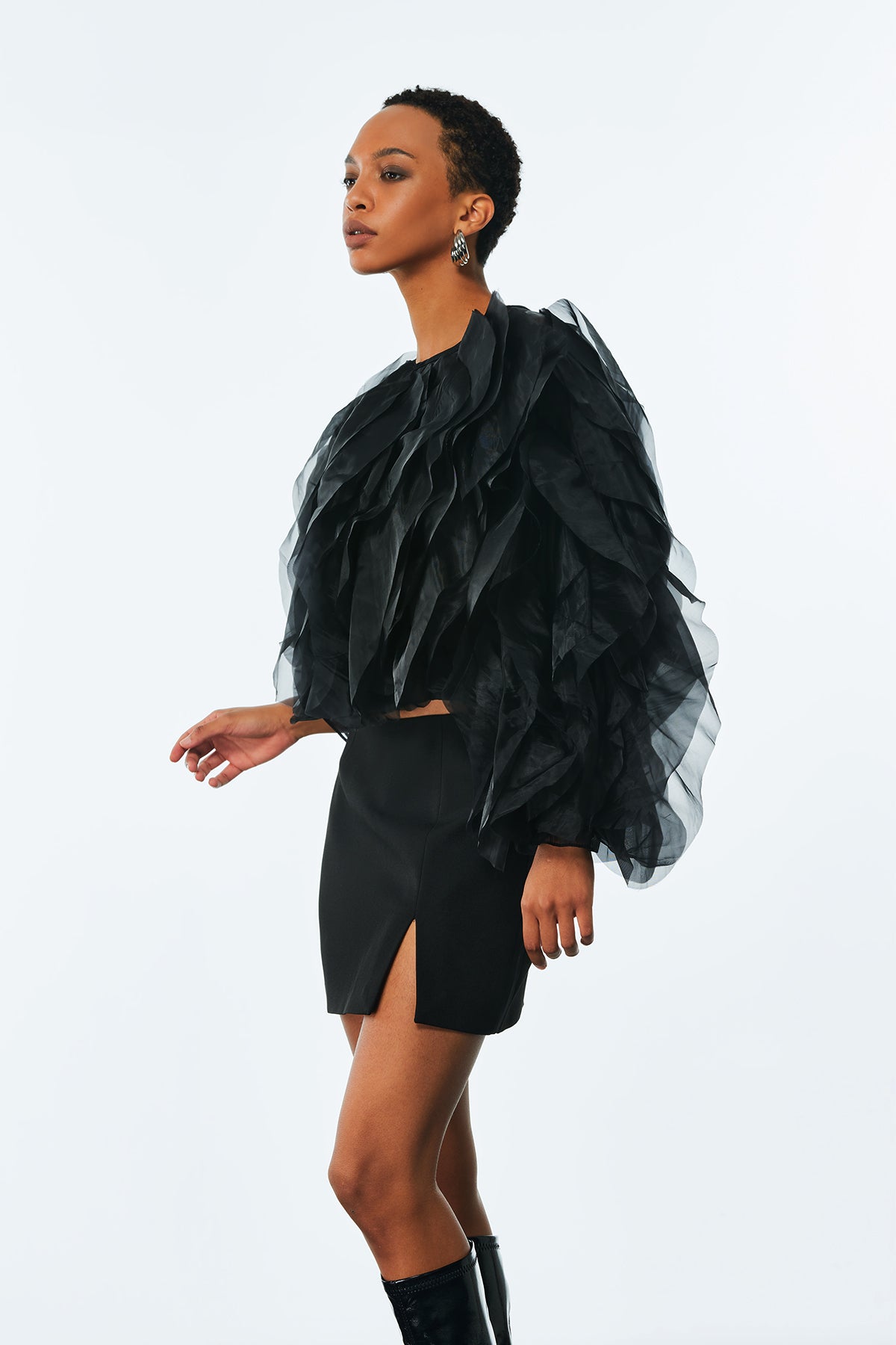 Amarine Mesh Ruffle Ruch Shirt In Black