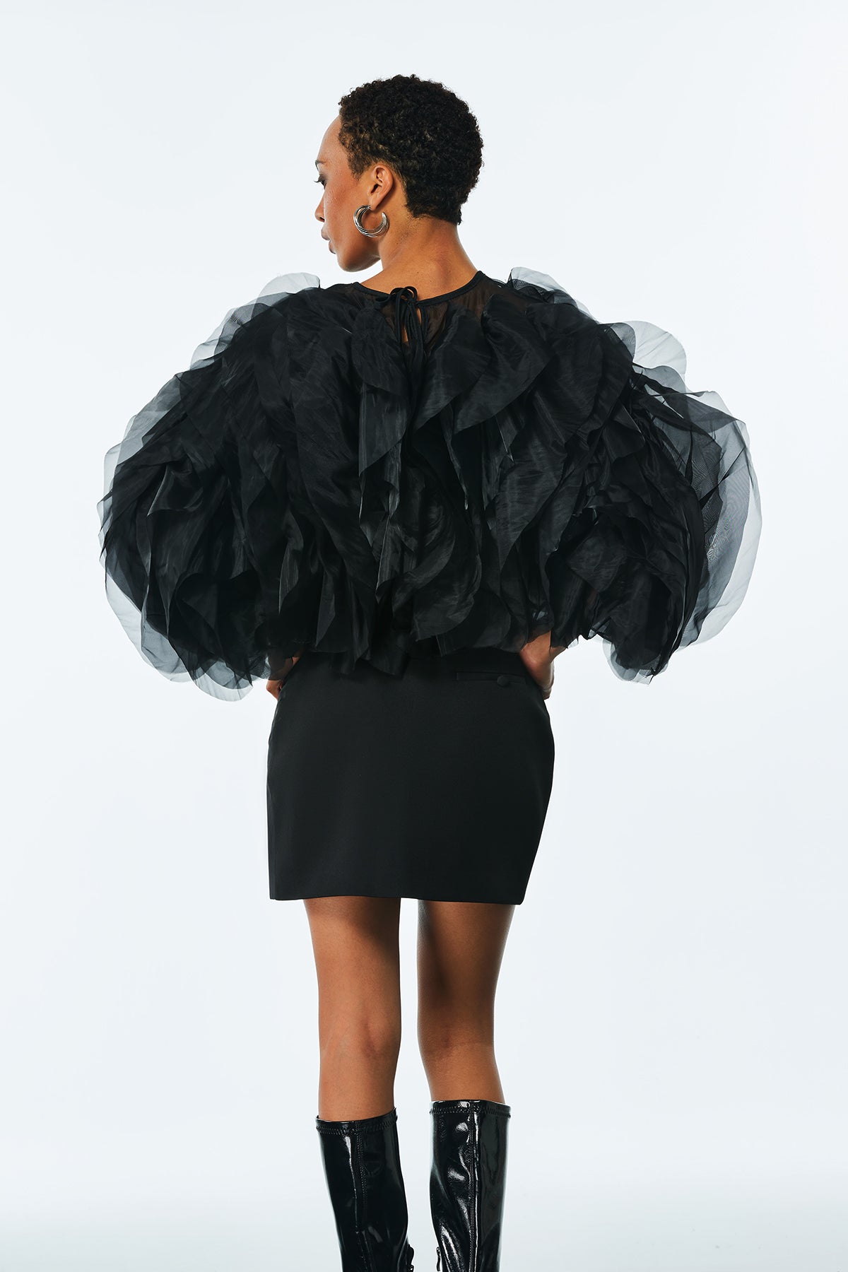 Amarine Mesh Ruffle Ruch Shirt In Black