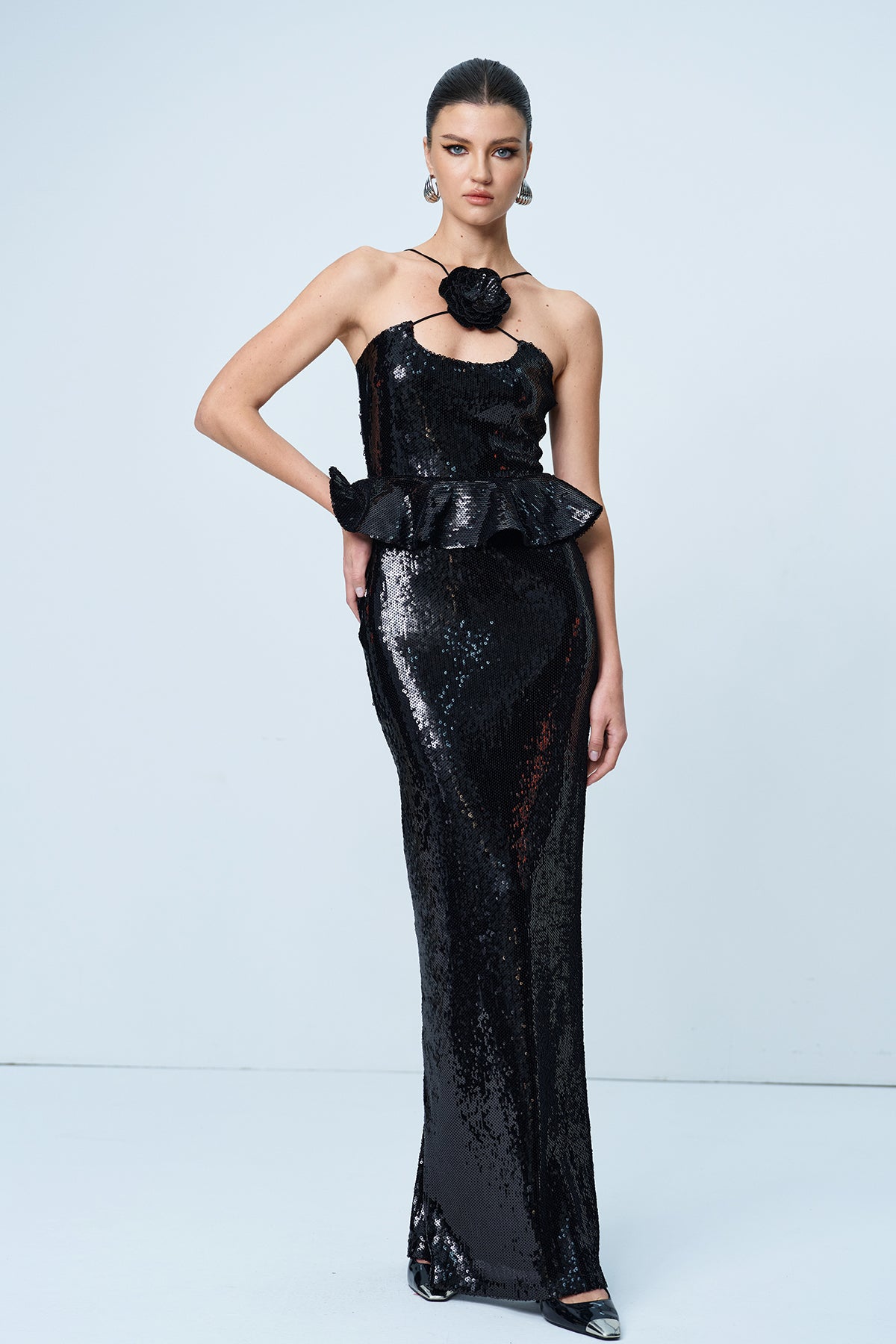 Ambar Sequin Flower Ruffle Maxi Dress