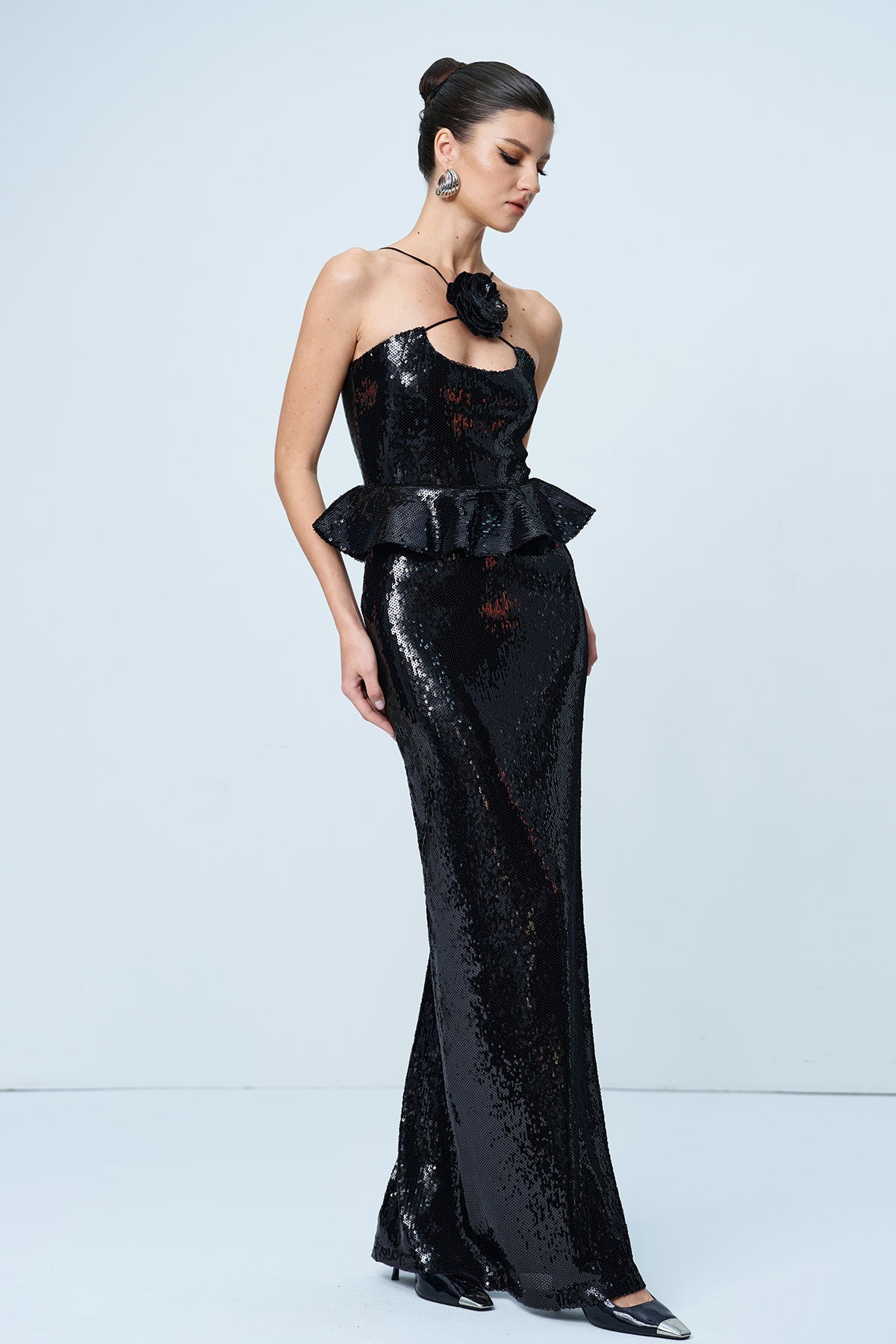 Ambar Sequin Flower Ruffle Maxi Dress