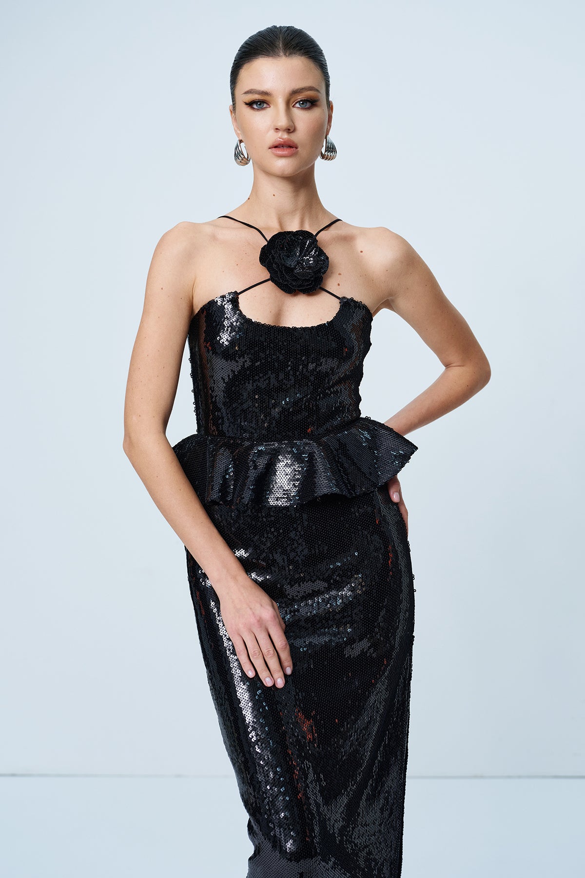 Ambar Sequin Flower Ruffle Maxi Dress