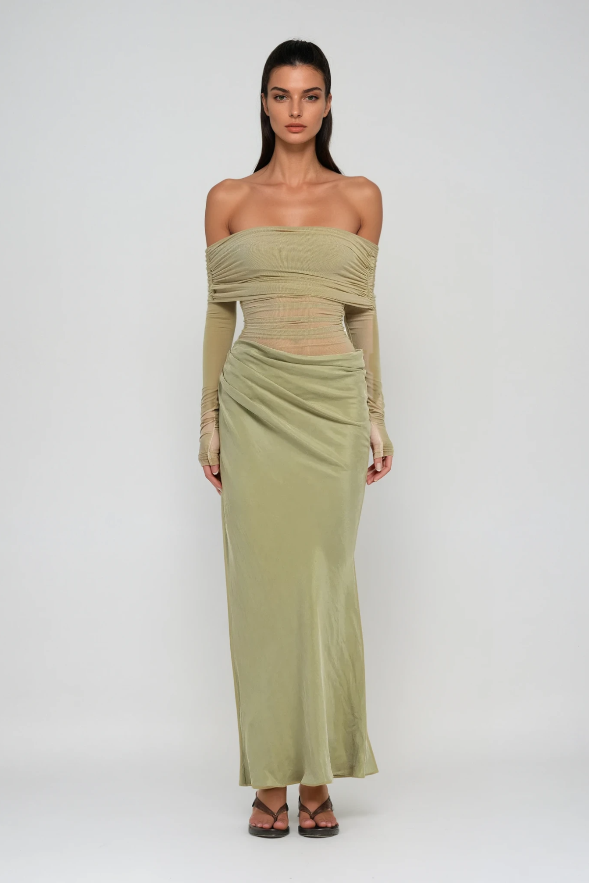 Ambrosia Mesh Asymmetric Ruch Maxi Dress In Green