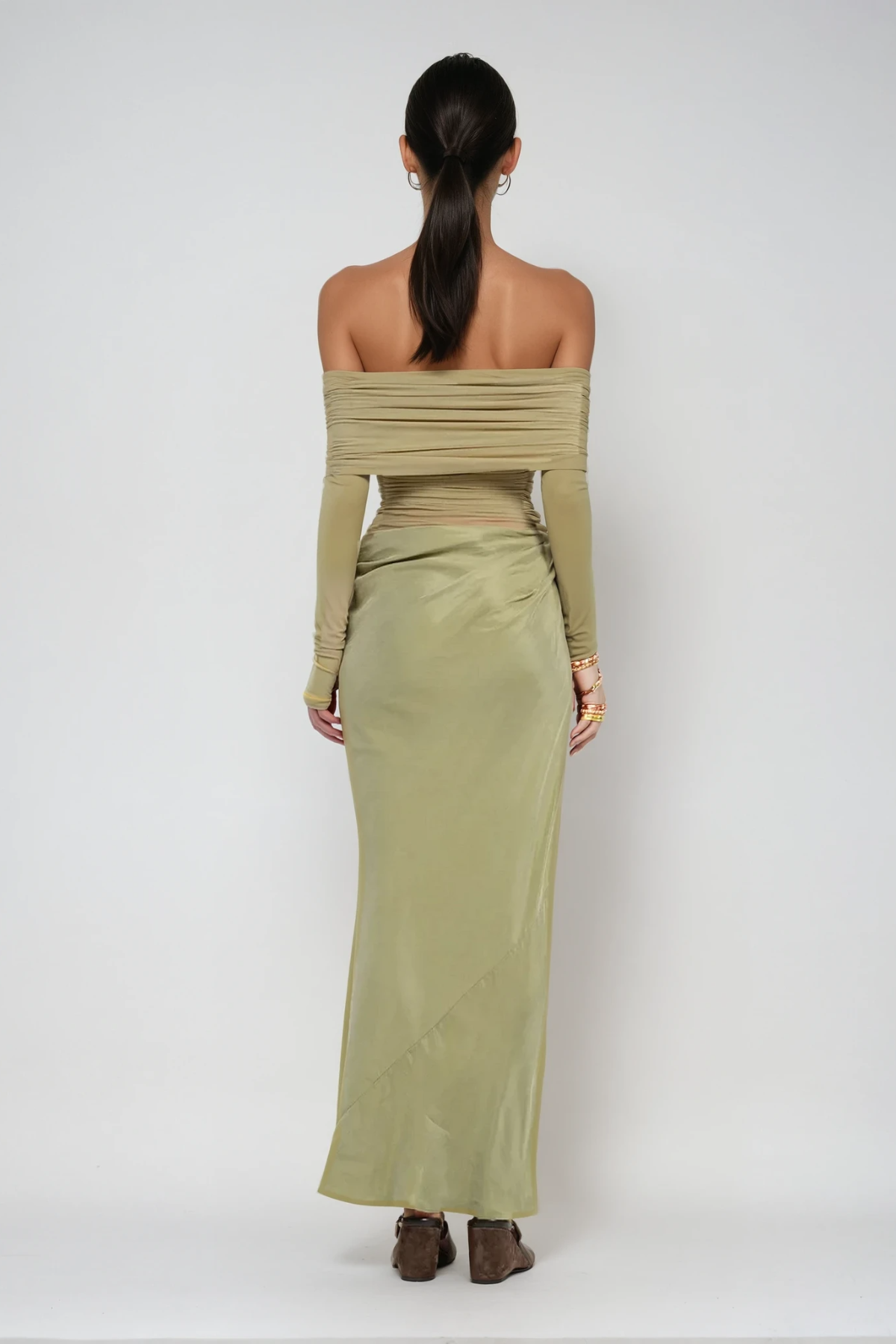 Ambrosia Mesh Asymmetric Ruch Maxi Dress In Green