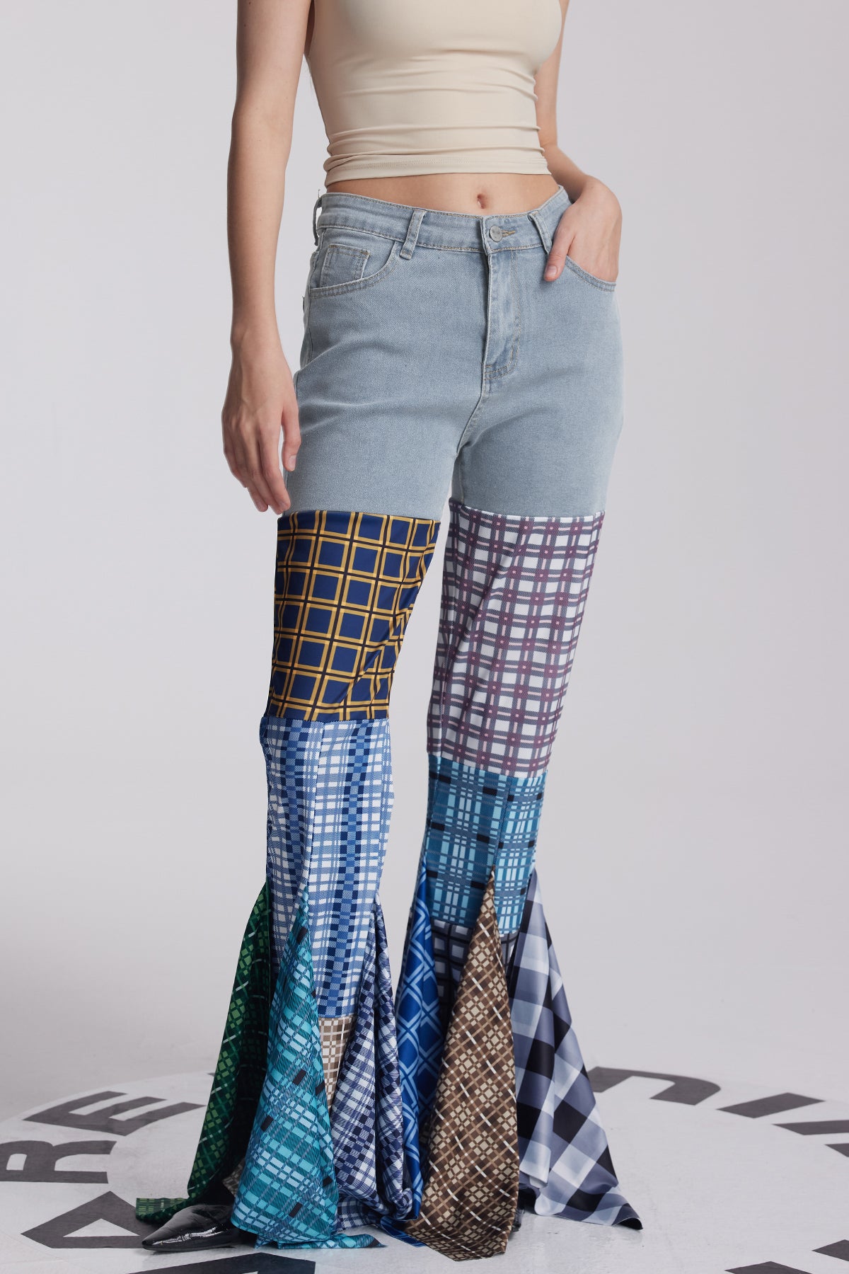 Amedeo Grid Ruffle Deconstruct Pants