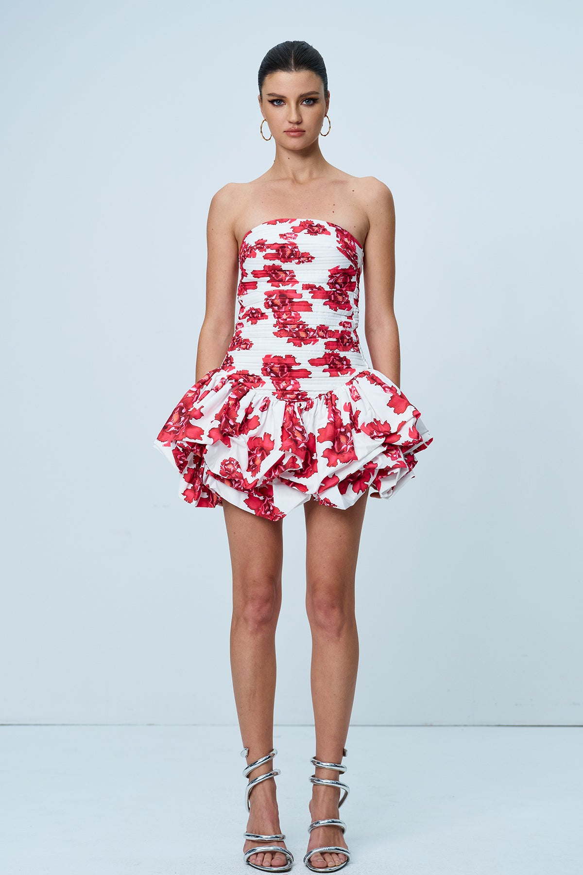Americus Floral Ruch Strapless Mini Dress In Red