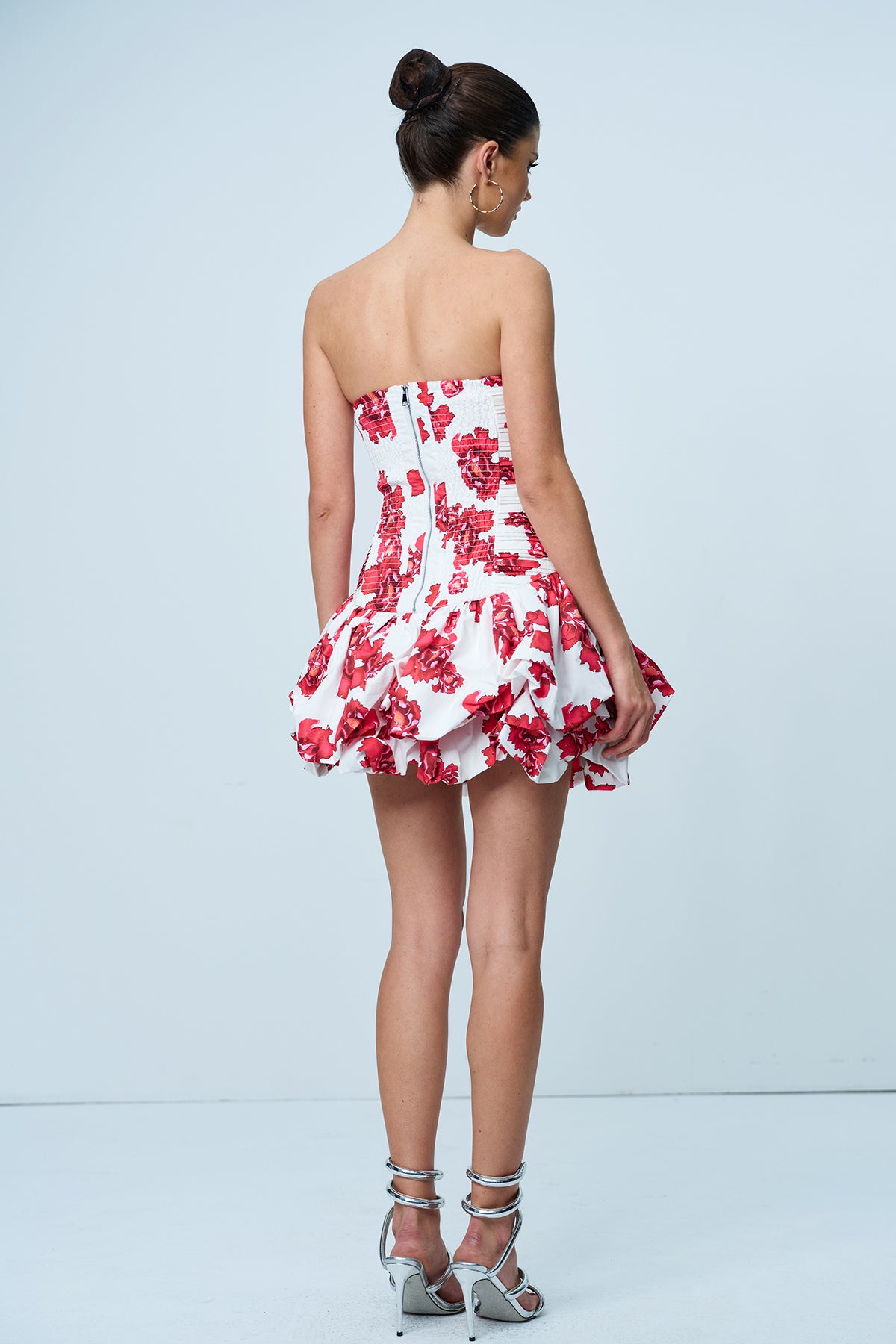 Americus Floral Ruch Strapless Mini Dress In Red