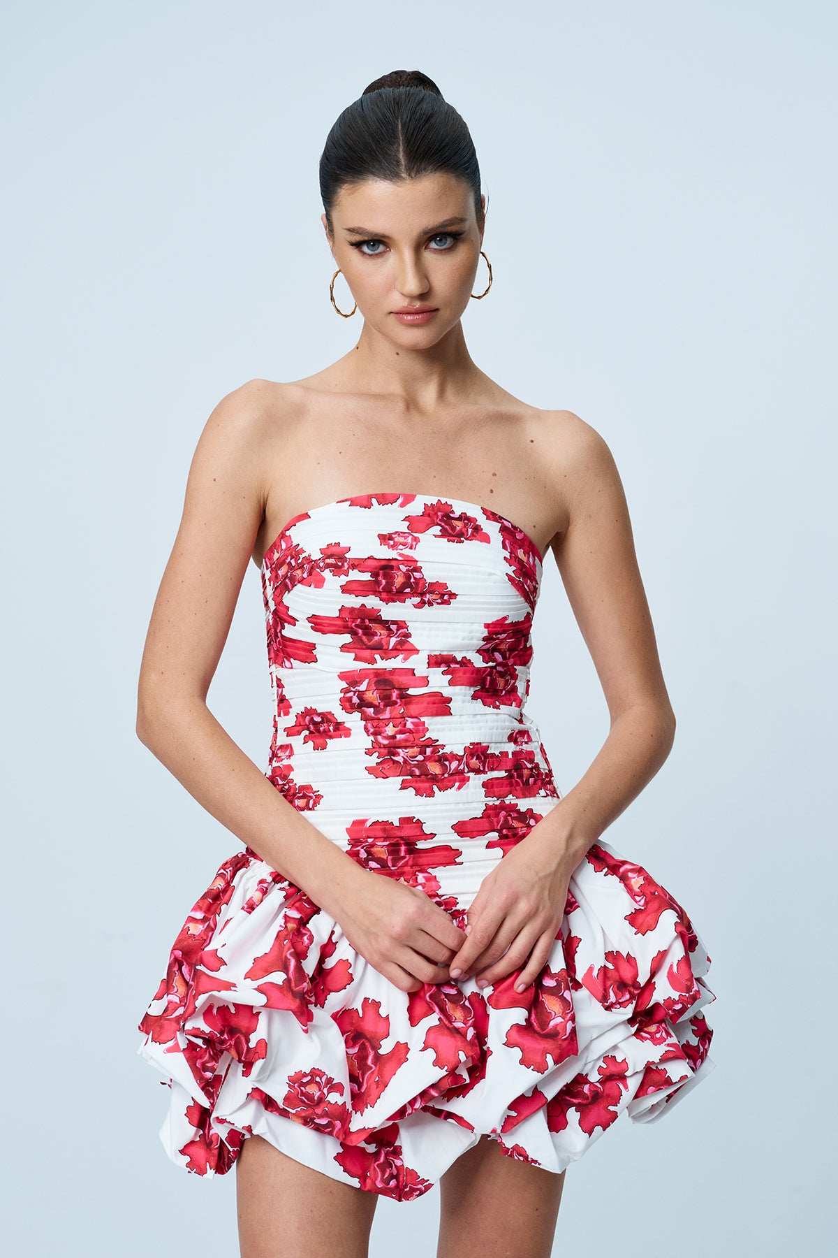Americus Floral Ruch Strapless Mini Dress In Red