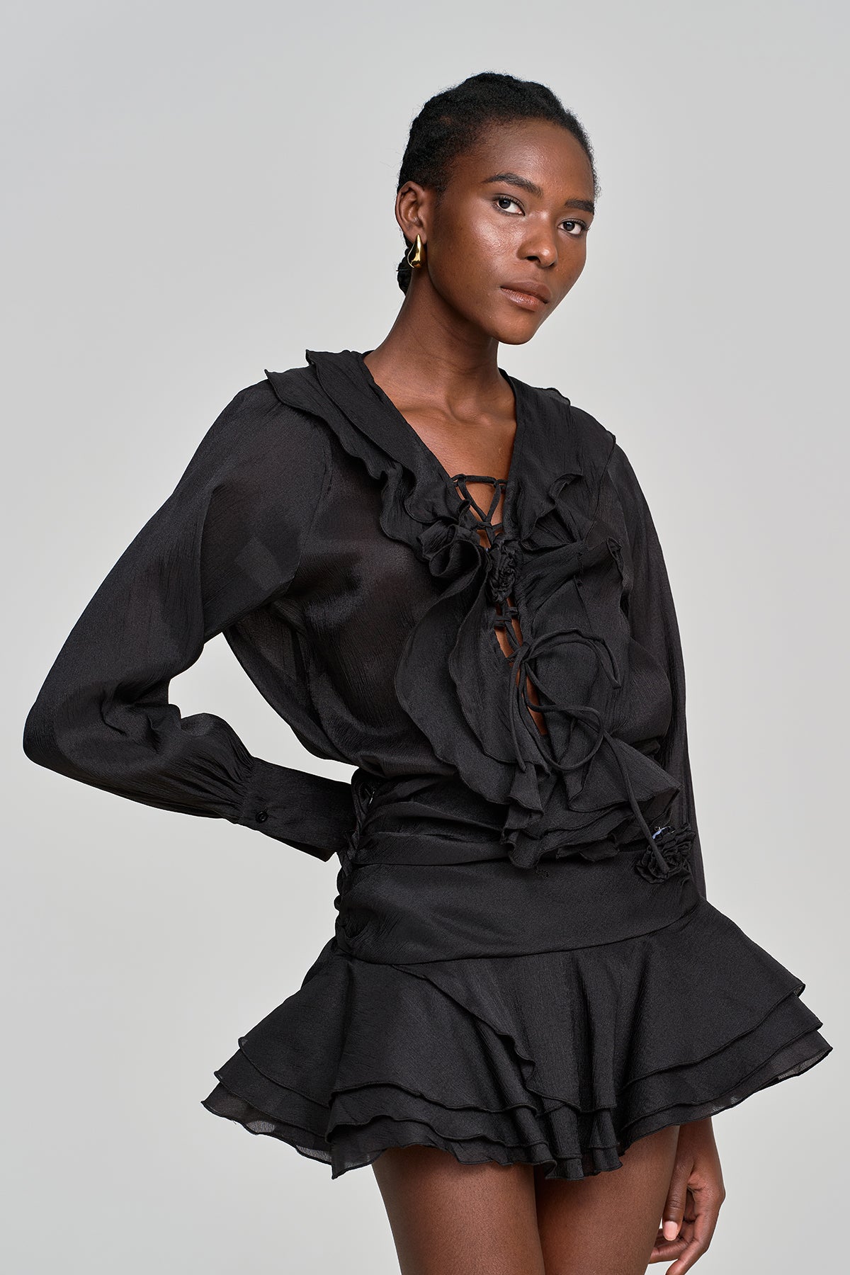 Amie Lace Up Flower Ruffle Skirt Set In Black