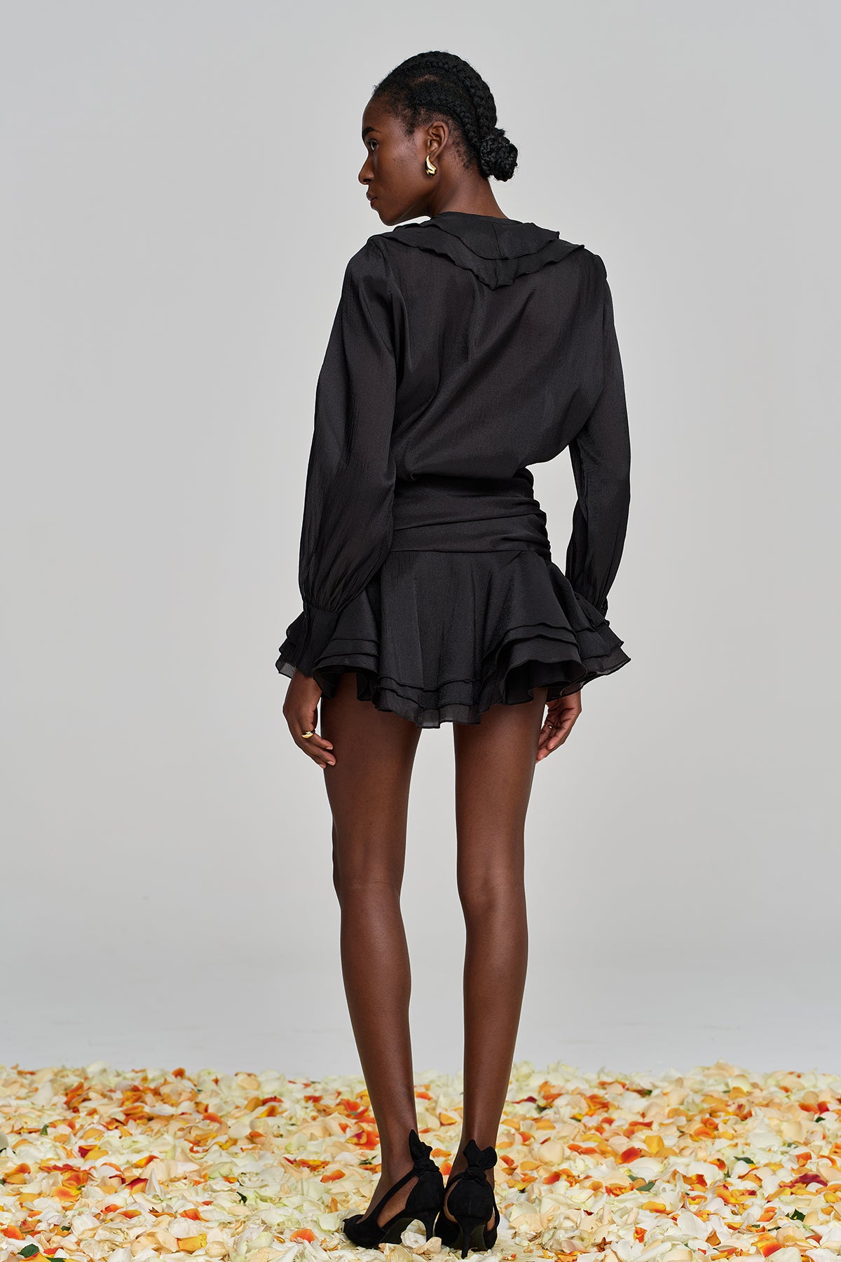 Amie Lace Up Flower Ruffle Skirt Set In Black