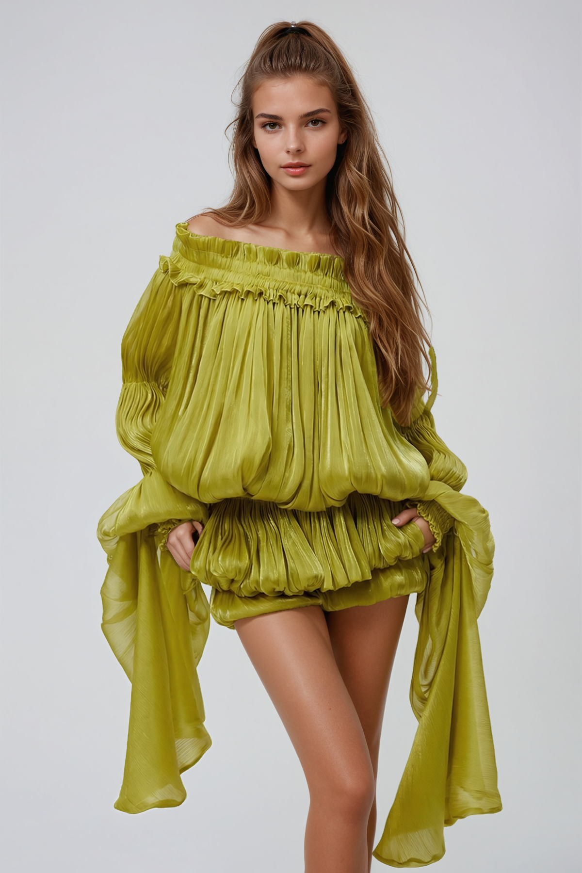 Aminah Balloon Sleeve Ruch Mini Dress In Chartreuse