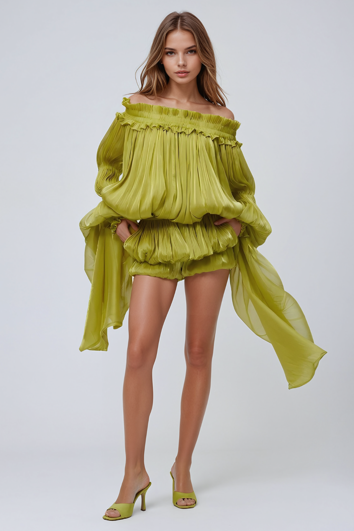 Aminah Balloon Sleeve Ruch Mini Dress In Chartreuse