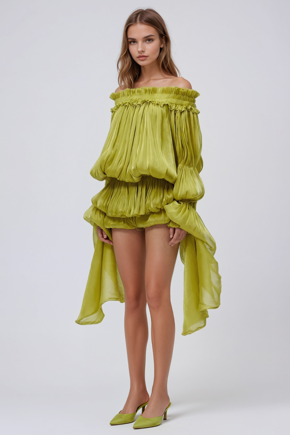 Aminah Balloon Sleeve Ruch Mini Dress In Chartreuse