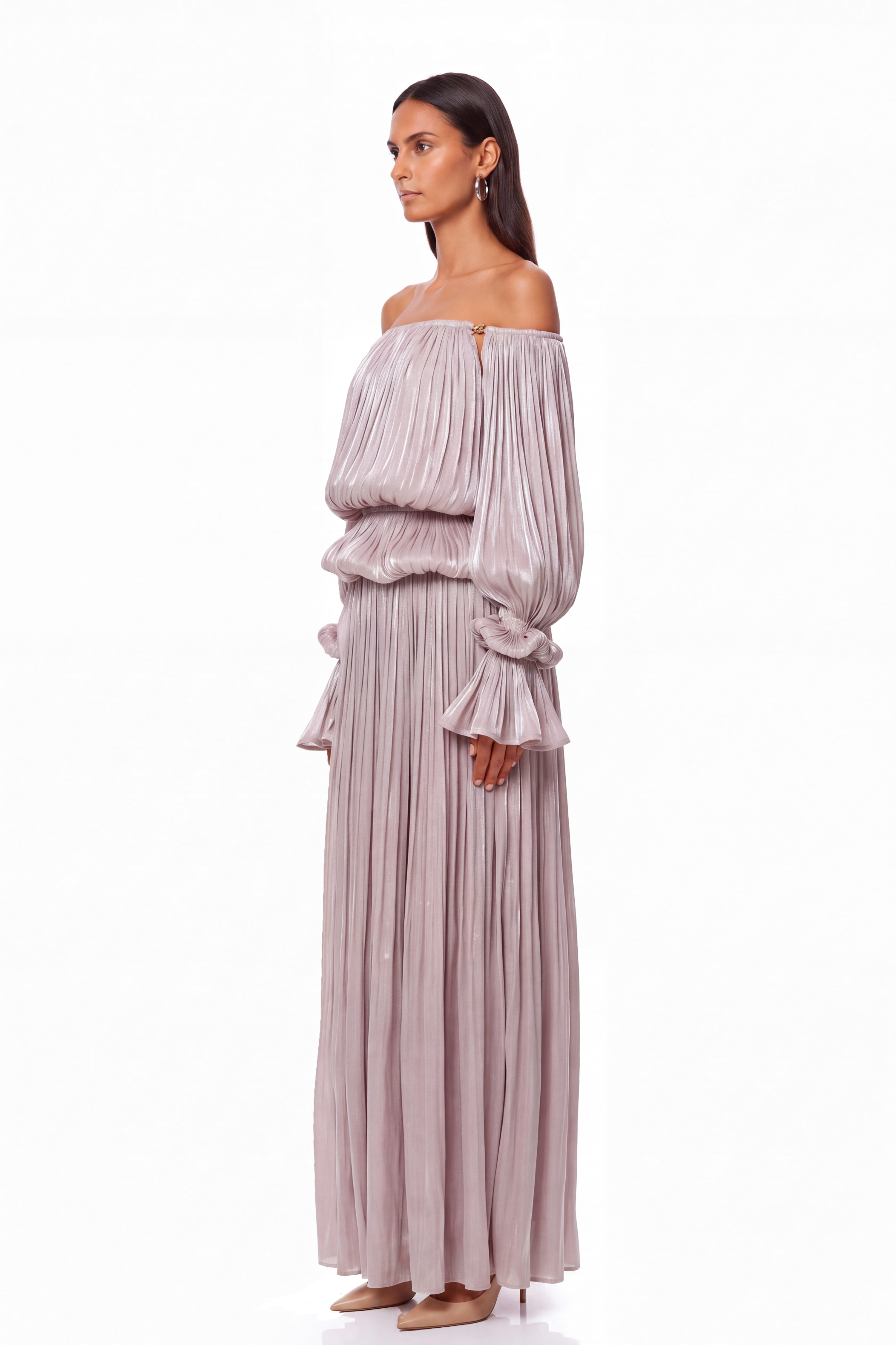 Aminah Off Shoulder Draped Glitter Maxi Dress