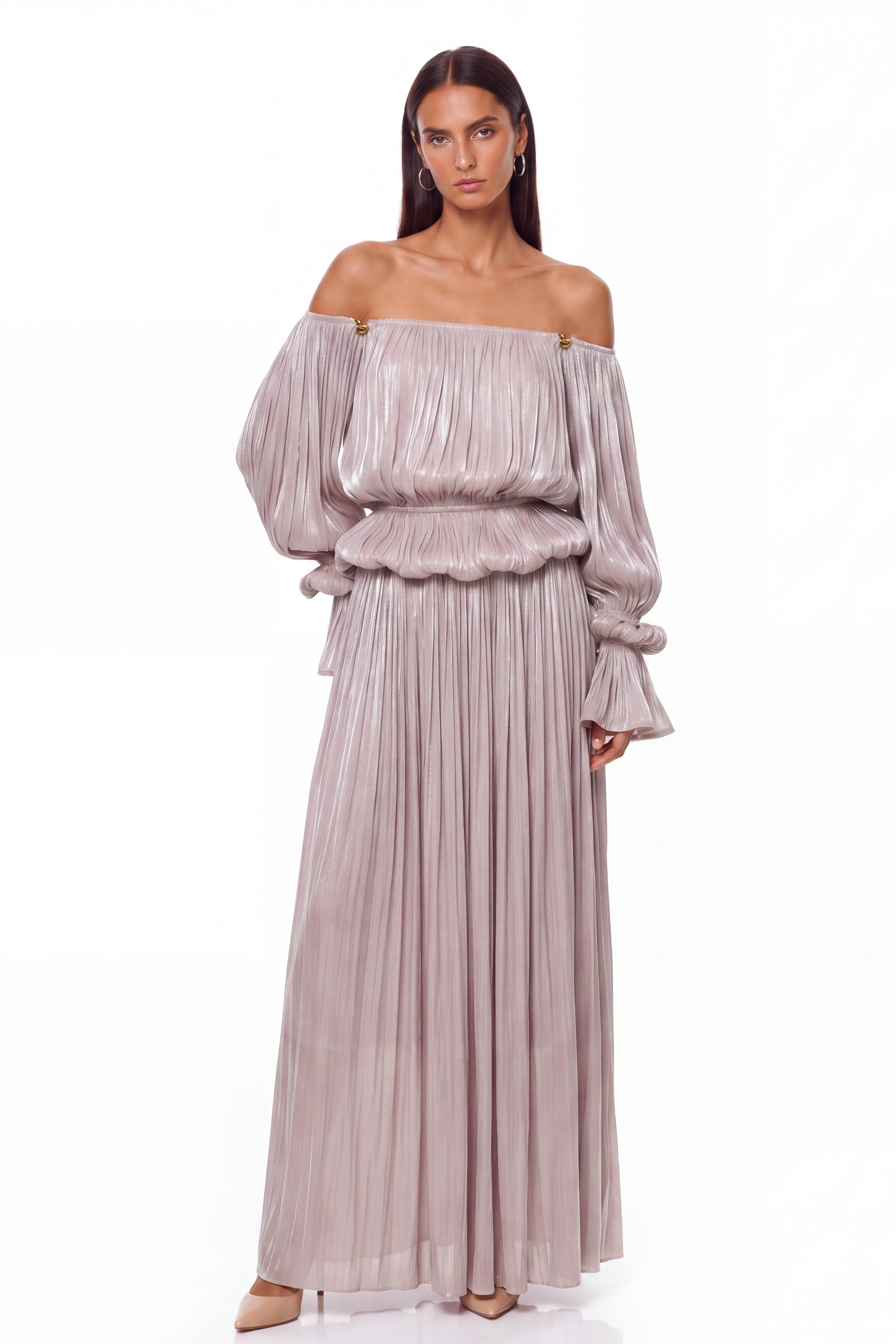 Aminah Off Shoulder Draped Glitter Maxi Dress