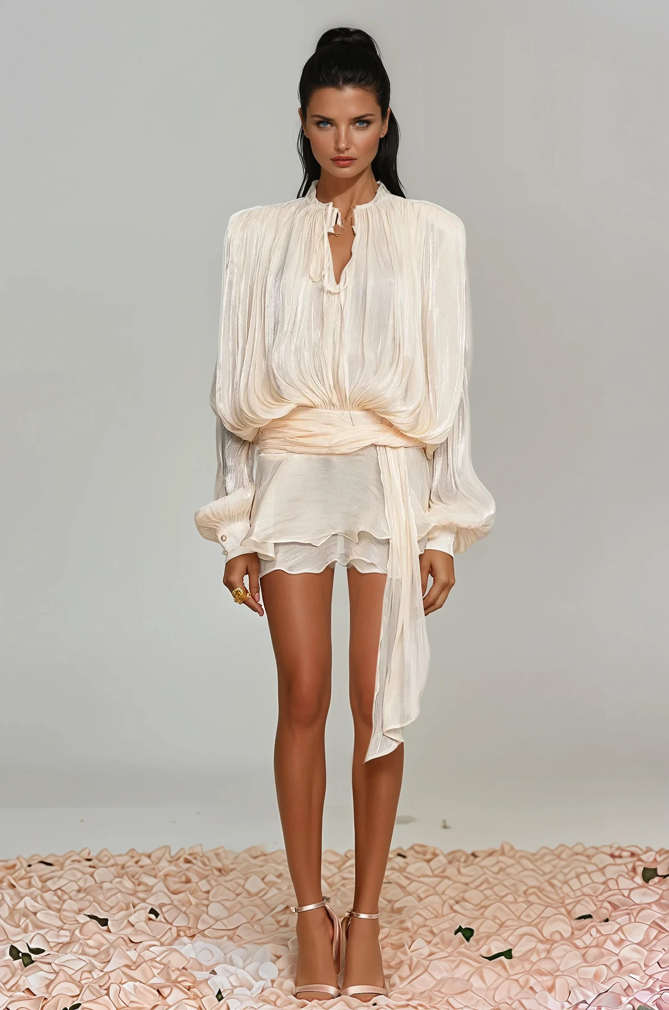 Aminah Balloon Sleeve Ruch Ruffle Mini Dress In Apricot