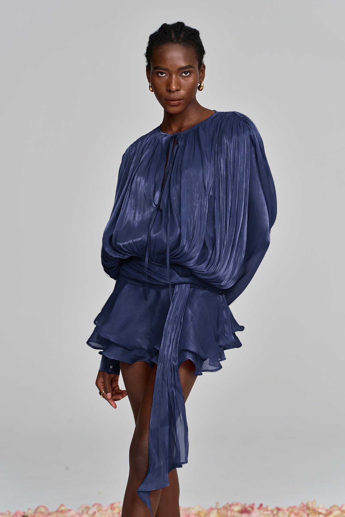 Aminah Balloon Sleeve Ruch Ruffle Mini Dress In Navy