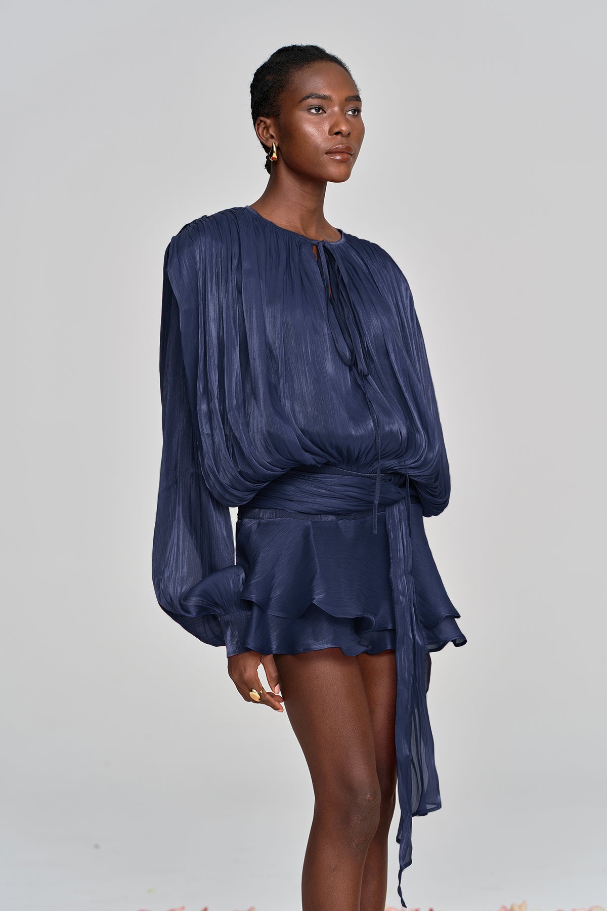 Aminah Balloon Sleeve Ruch Ruffle Mini Dress In Navy