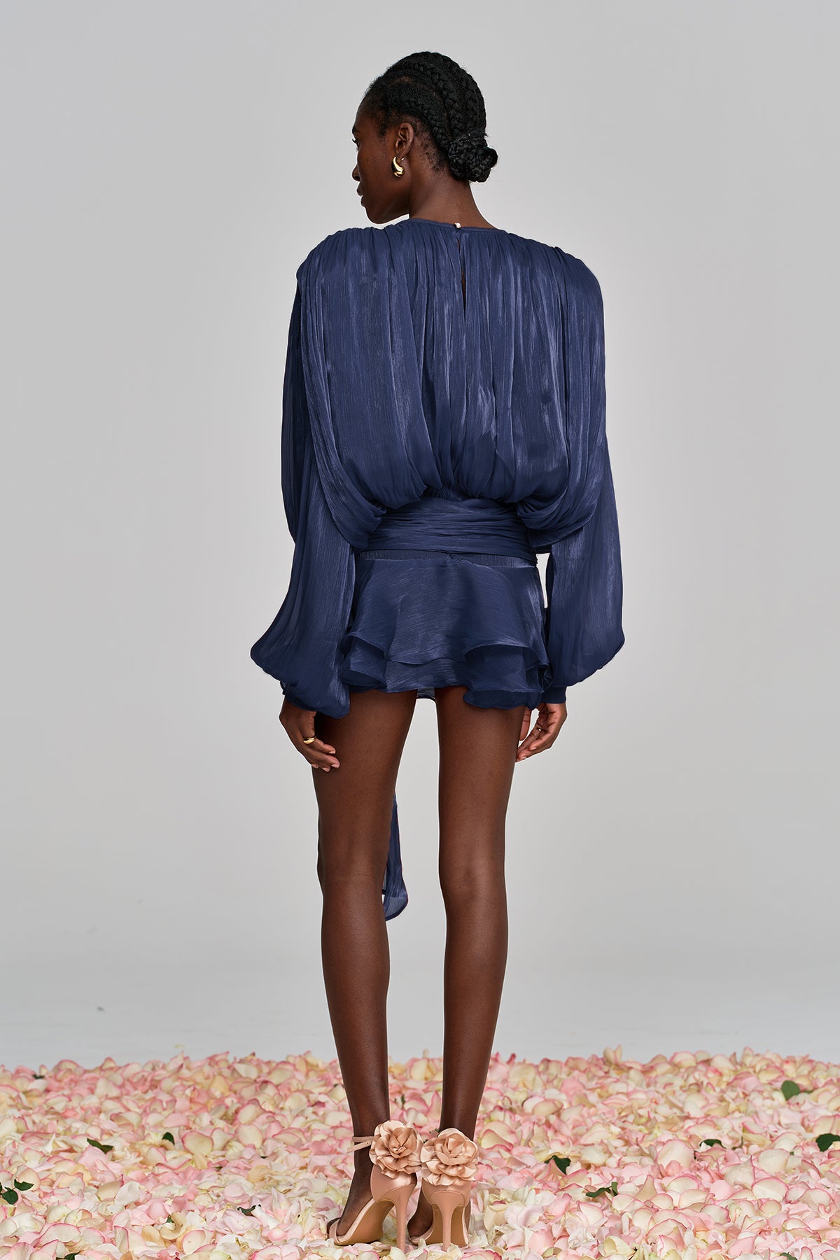 Aminah Balloon Sleeve Ruch Ruffle Mini Dress In Navy