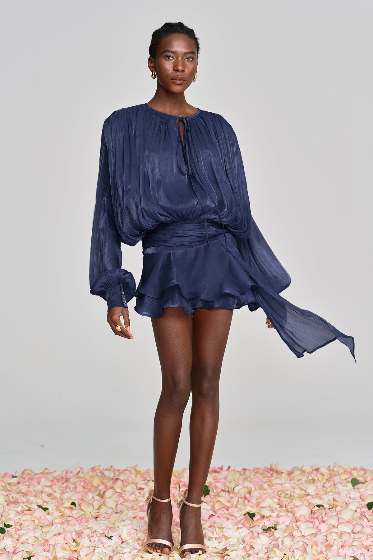 Aminah Balloon Sleeve Ruch Ruffle Mini Dress In Navy