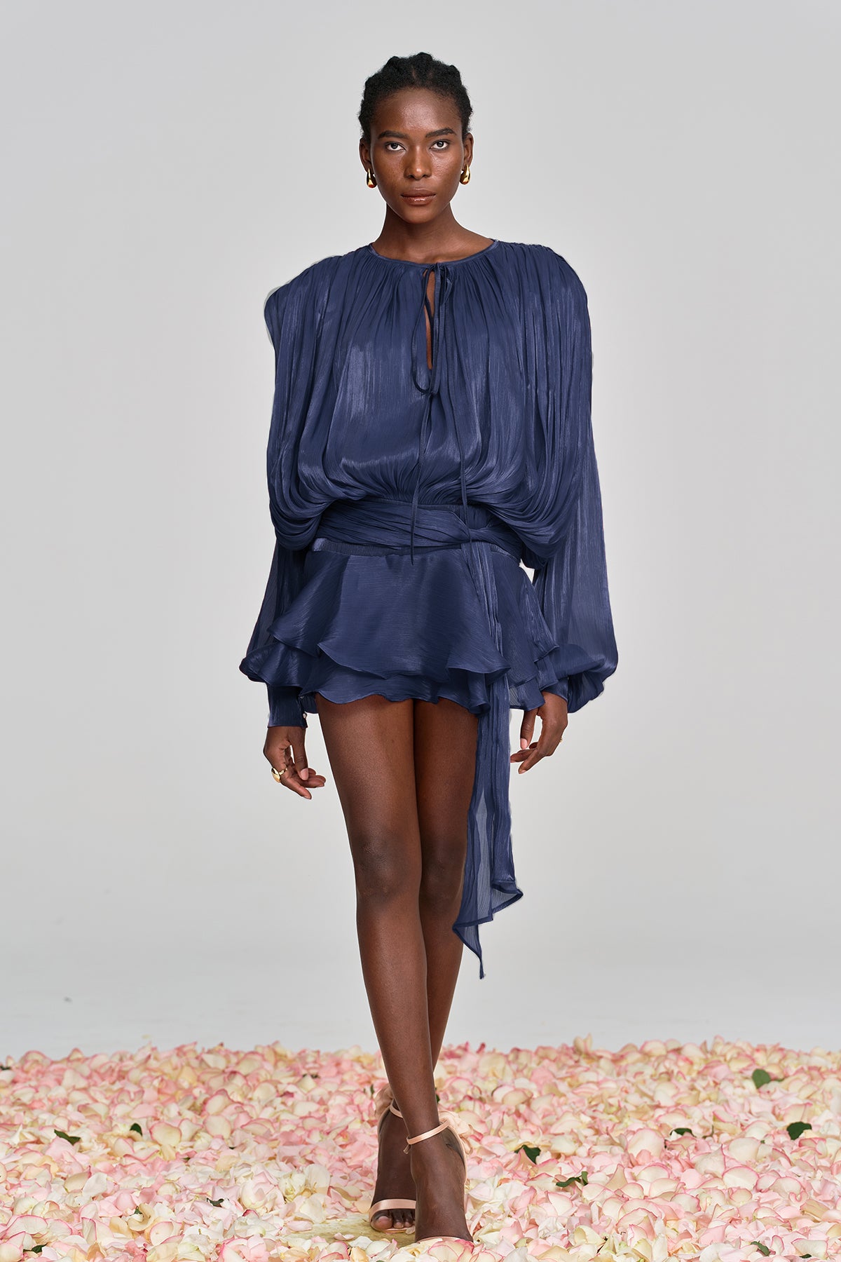 Aminah Balloon Sleeve Ruch Ruffle Mini Dress In Navy