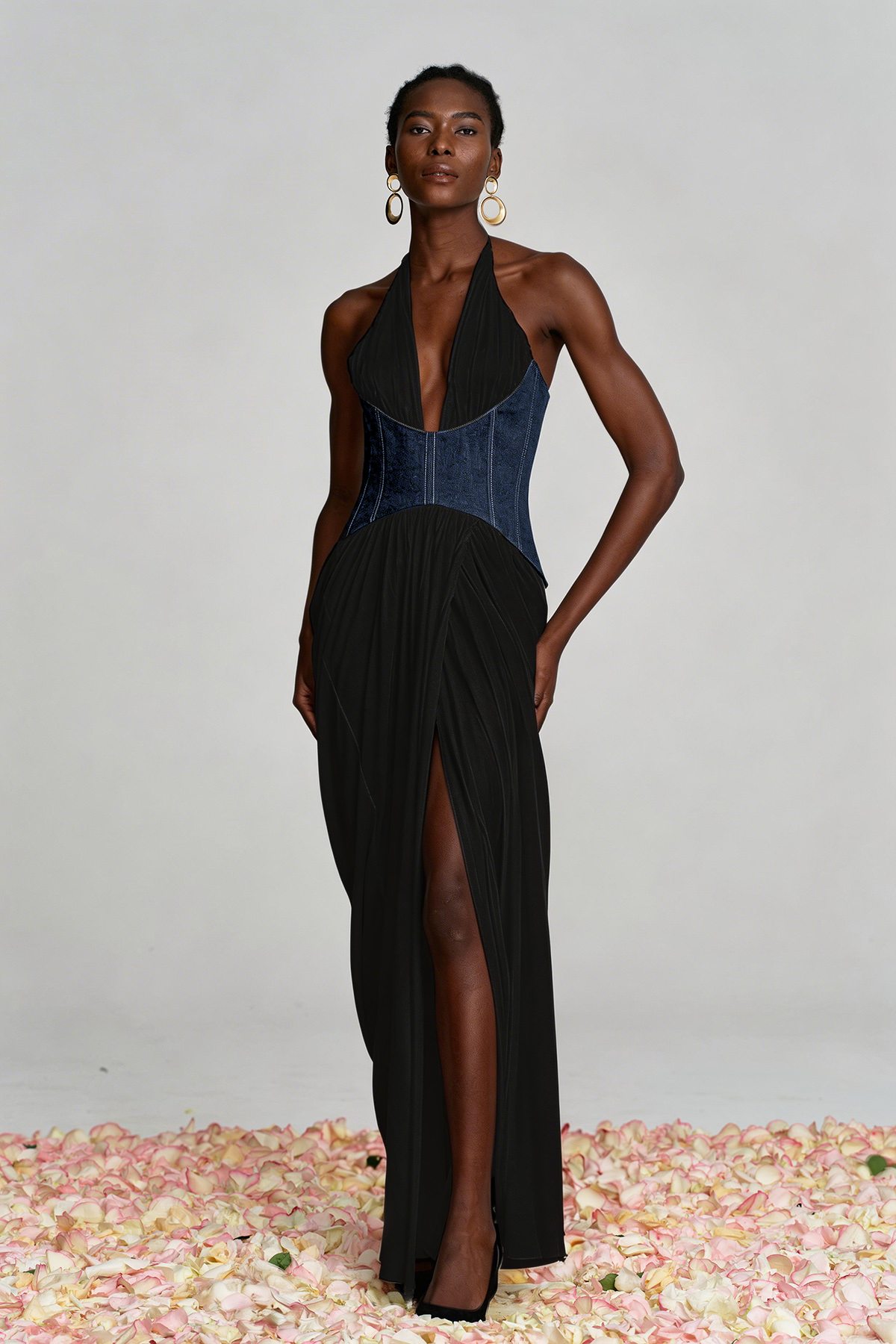 Aminia Halter Neck Ruch Deconstruct Maxi Dress In Black