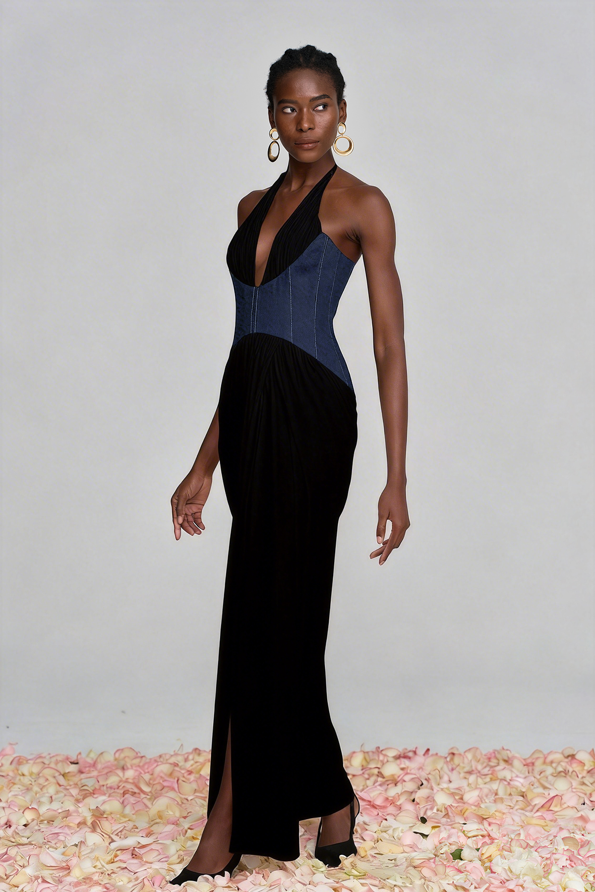 Aminia Halter Neck Ruch Deconstruct Maxi Dress In Black