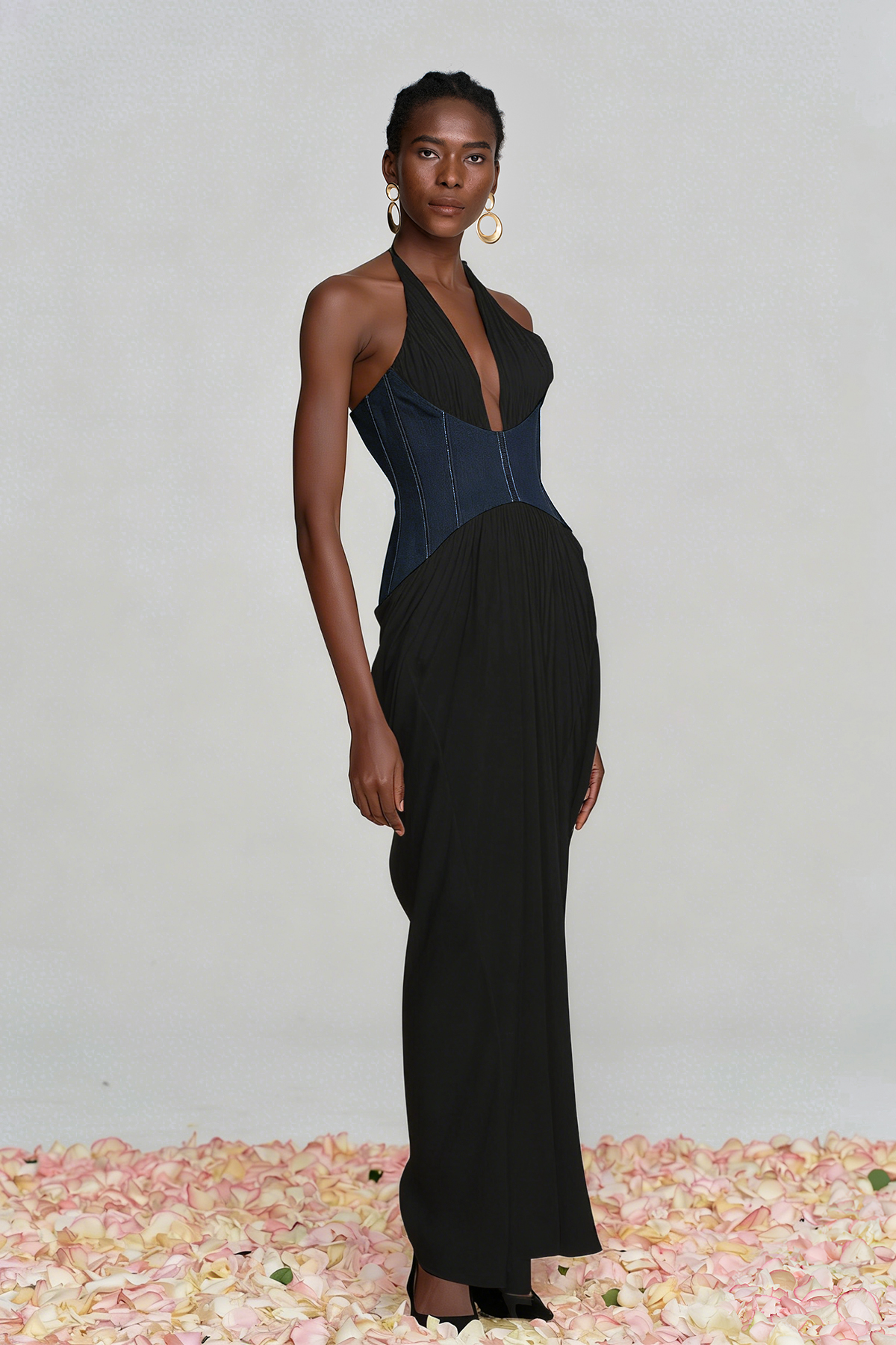 Aminia Halter Neck Ruch Deconstruct Maxi Dress In Black