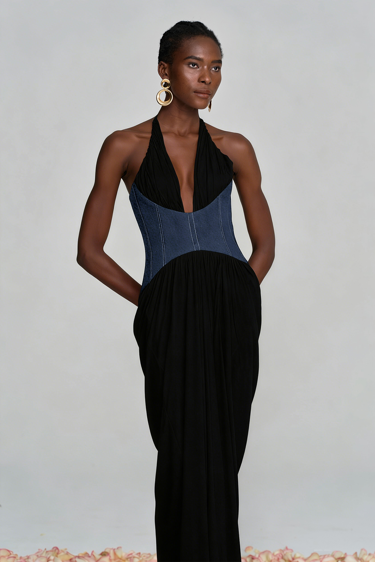 Aminia Halter Neck Ruch Deconstruct Maxi Dress In Black