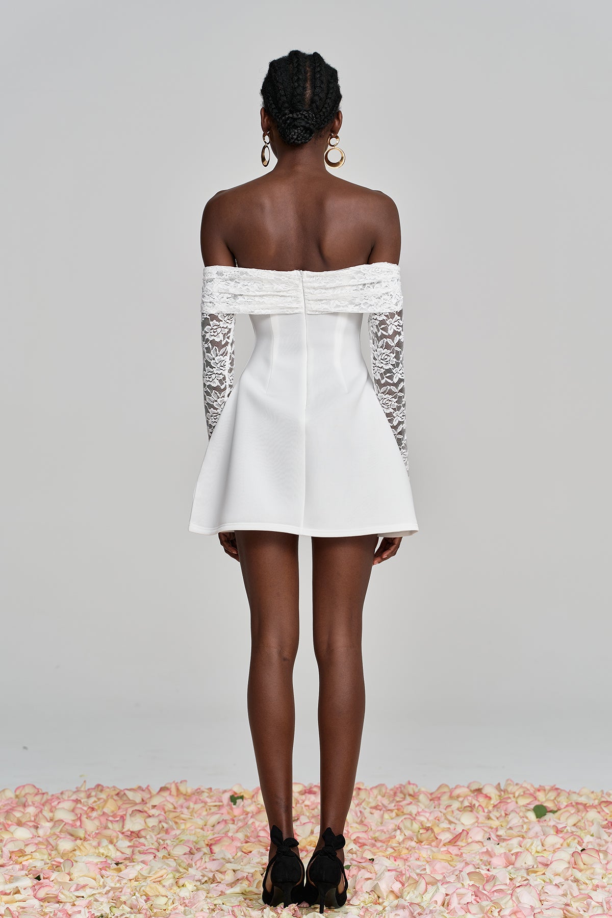 Amira Off Shoulder Lace Ruch Mini Dress