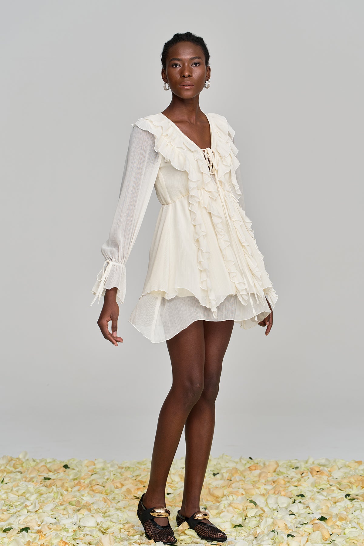 Amitabh Ruffle Lace Up Mesh Mini Dress