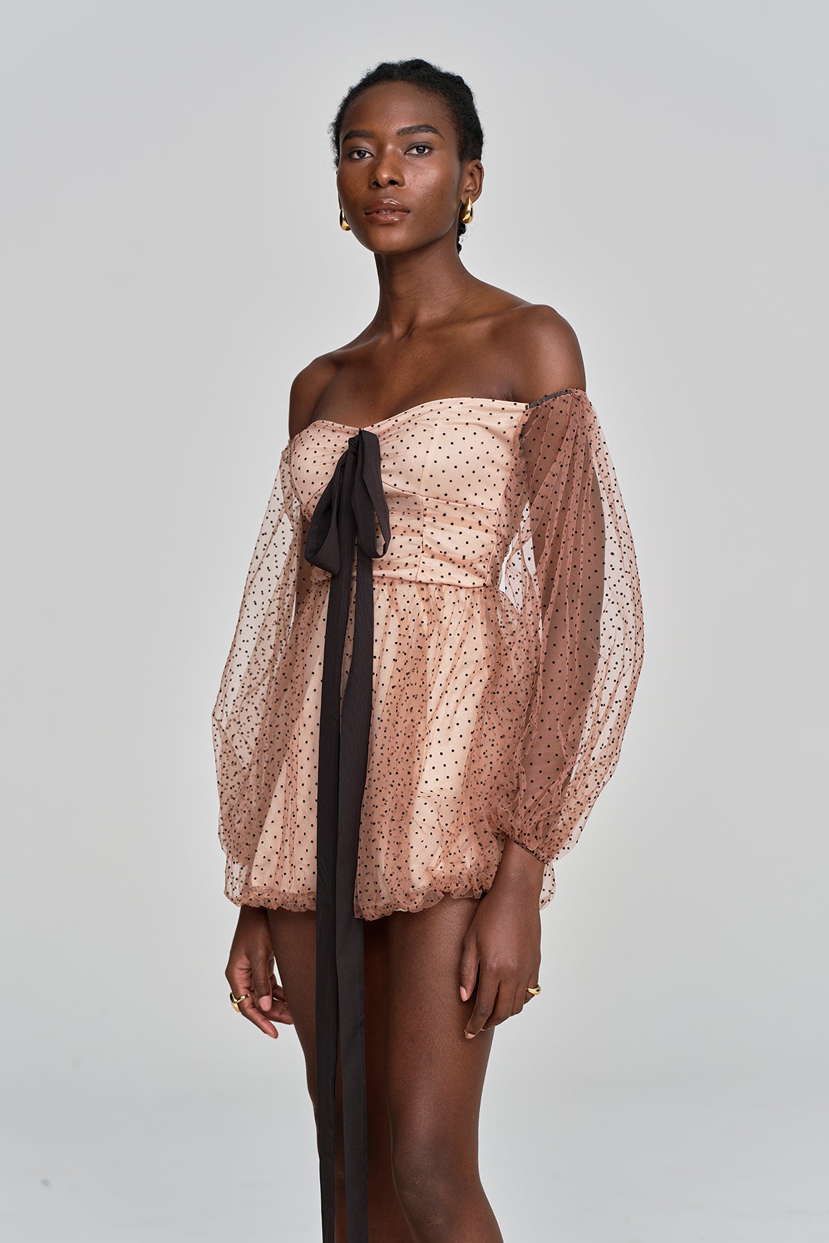 Amittai Mesh Dot Off Shoulder Mini Dress