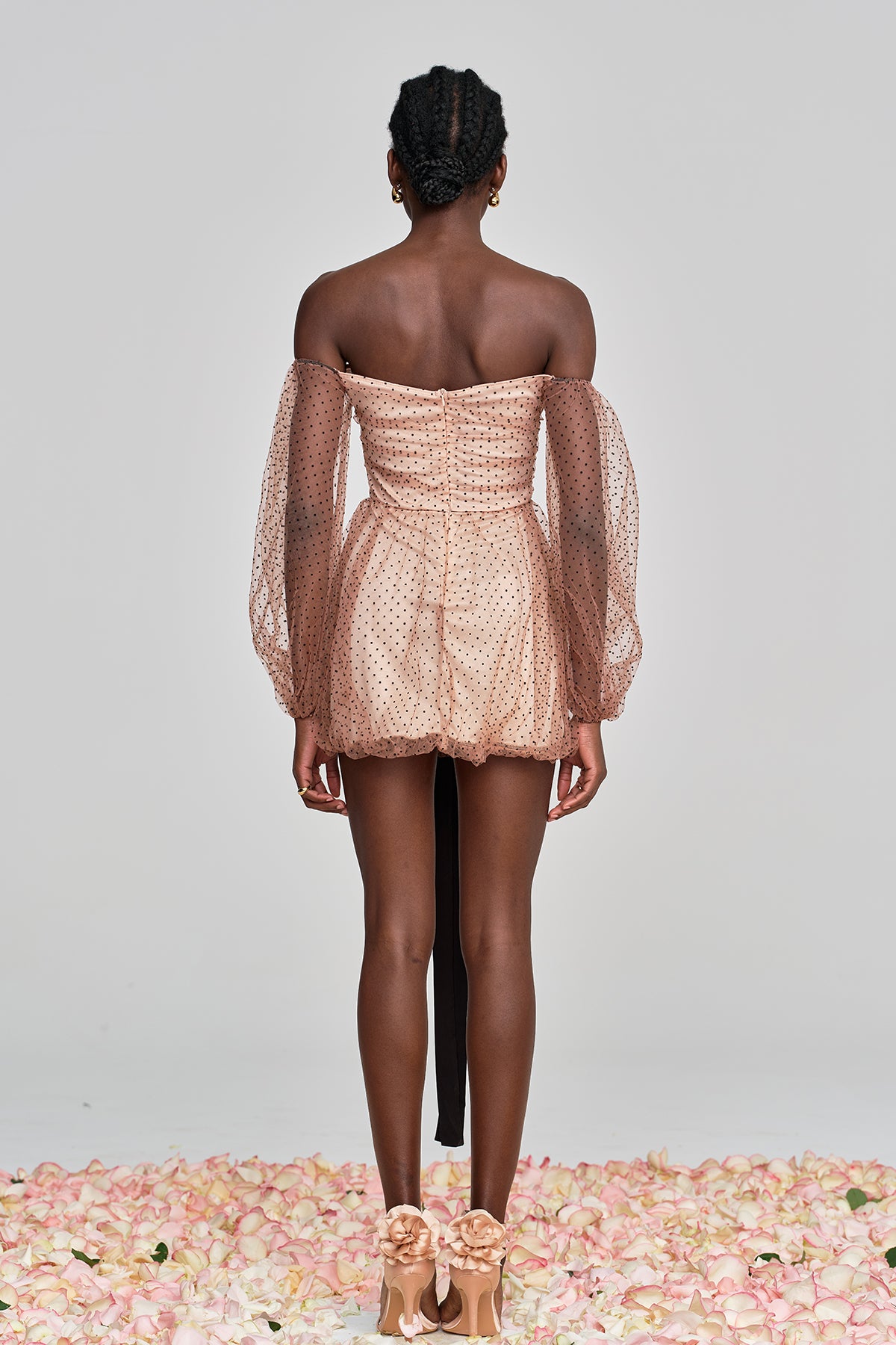 Amittai Mesh Dot Off Shoulder Mini Dress