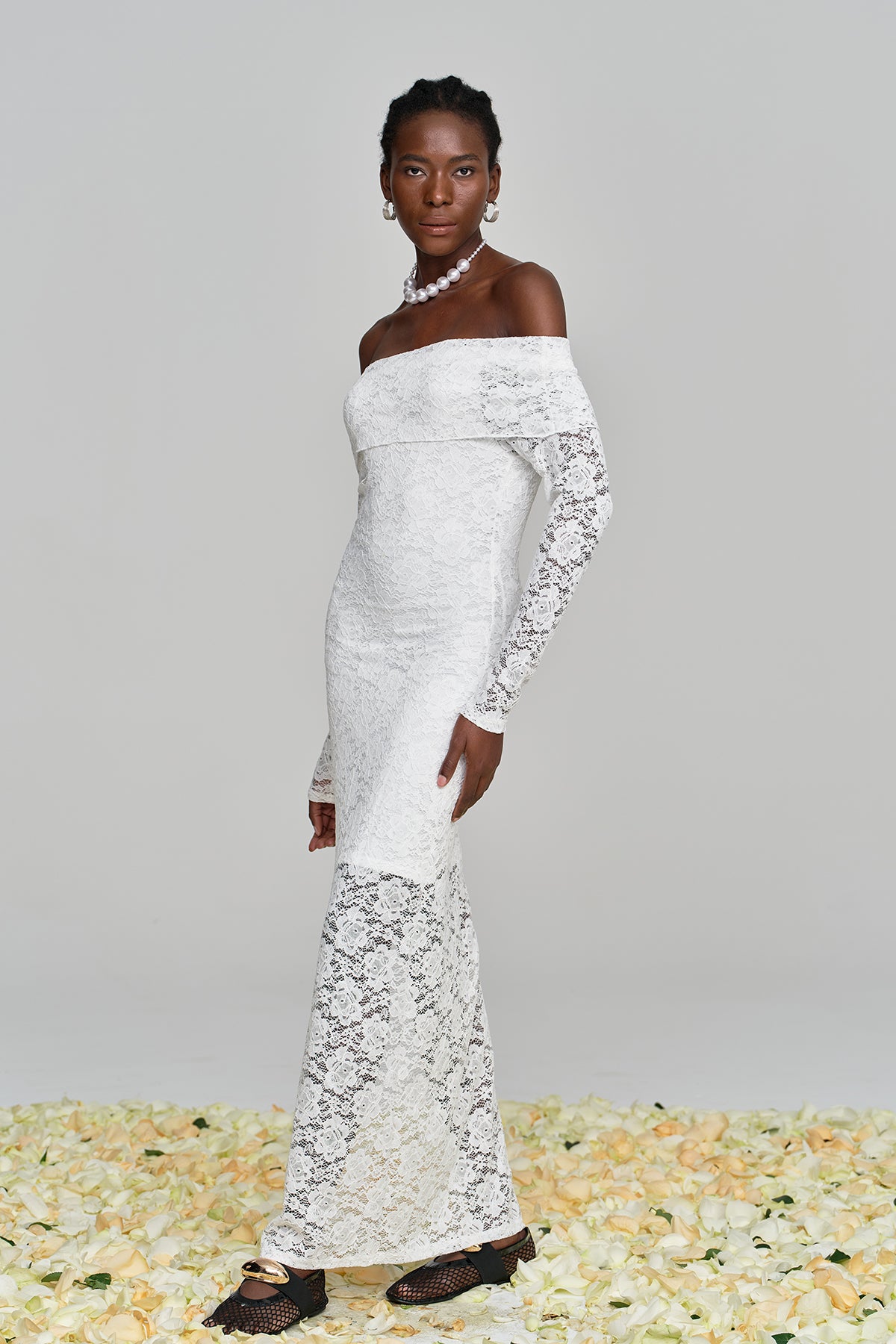 Amjad Floarl Off Shoulder Lace Maxi Dress