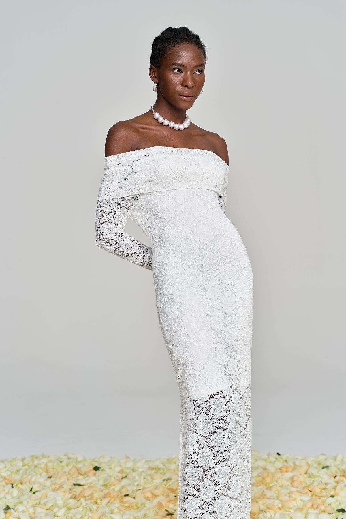 Amjad Floarl Off Shoulder Lace Maxi Dress