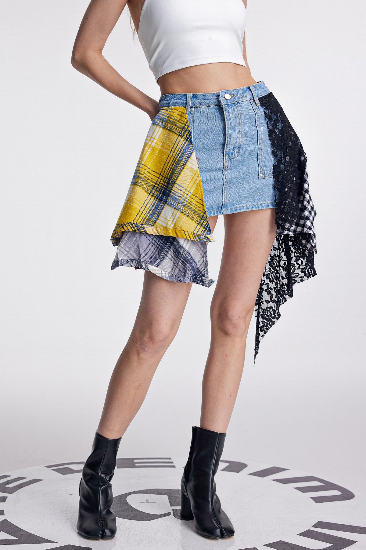 Amun Lace Grid Deconstruct Denim Skirt In Blue