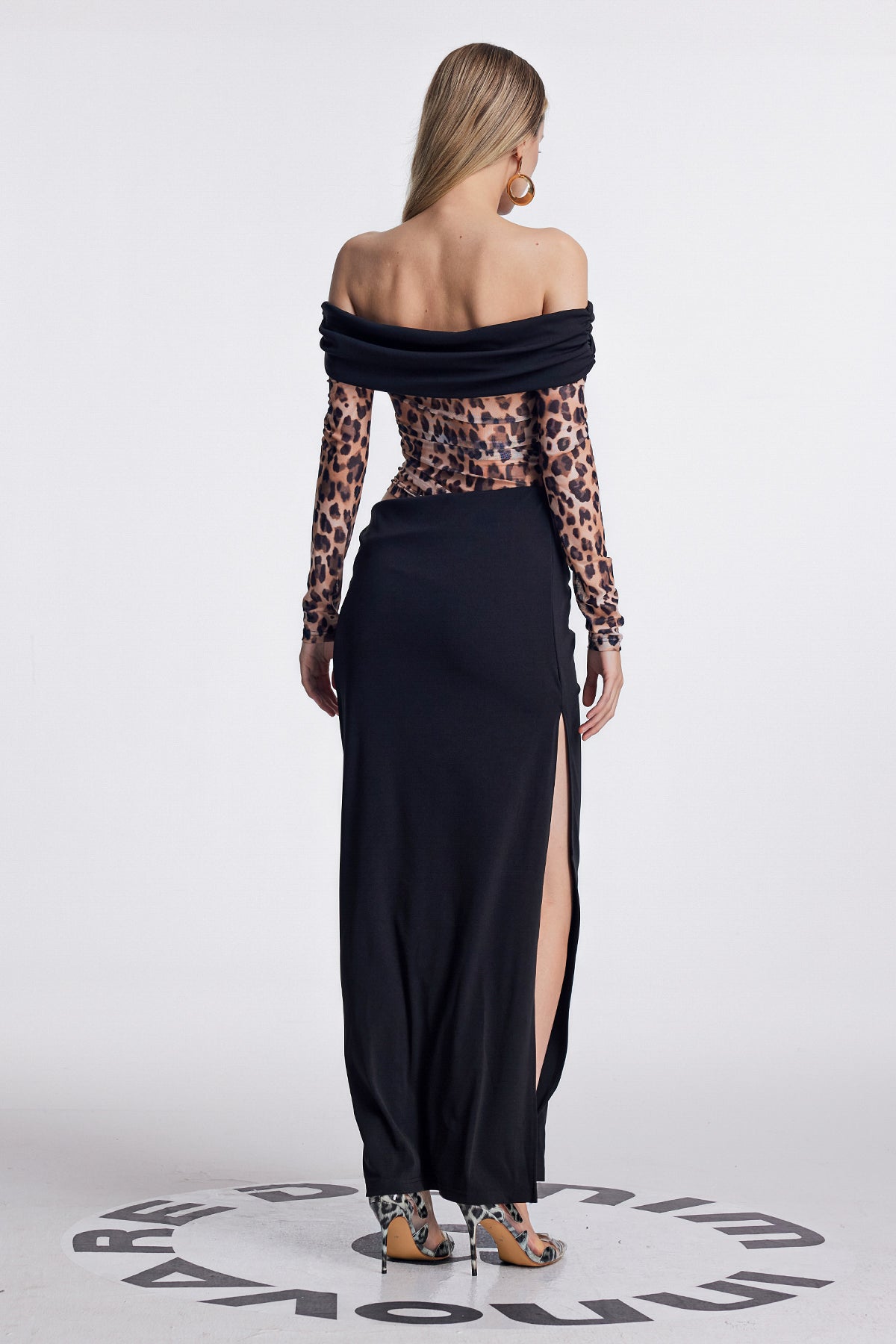 Amunet Off Shoulder Leopard Split Maxi Dress