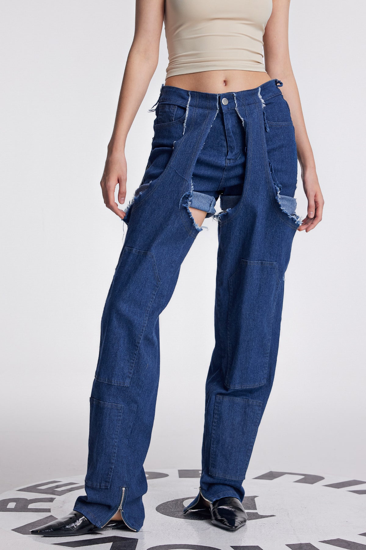 Anahi Deconstruct Asymmetric Fringe Jeans In Dark Wash