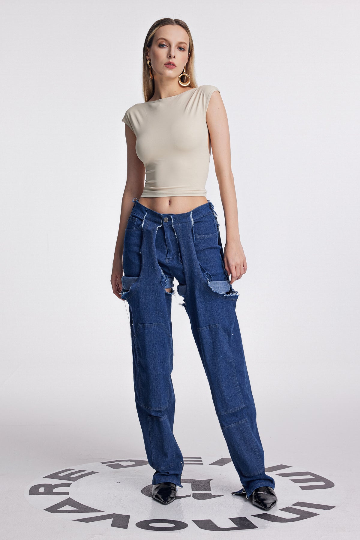 Anahi Deconstruct Asymmetric Fringe Jeans In Dark Wash