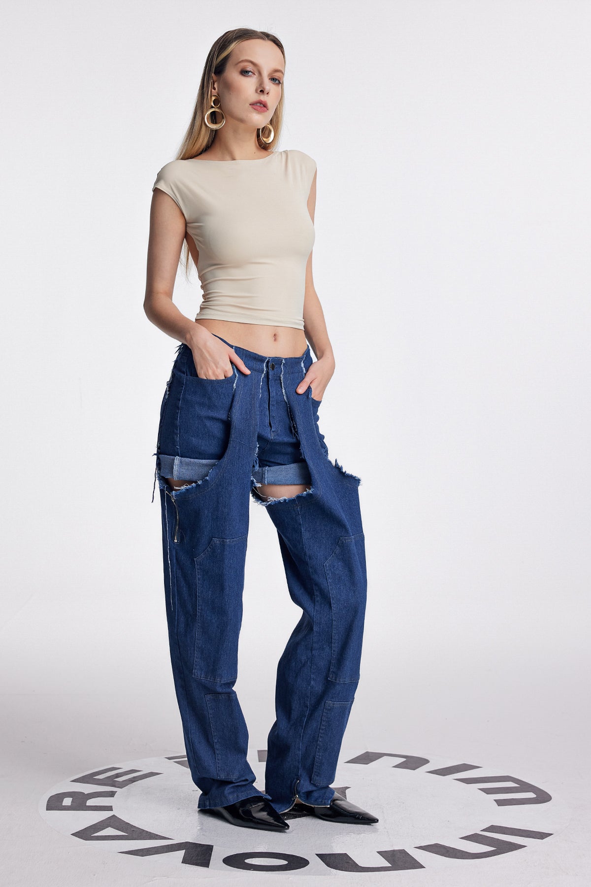 Anahi Deconstruct Asymmetric Fringe Jeans In Dark Wash