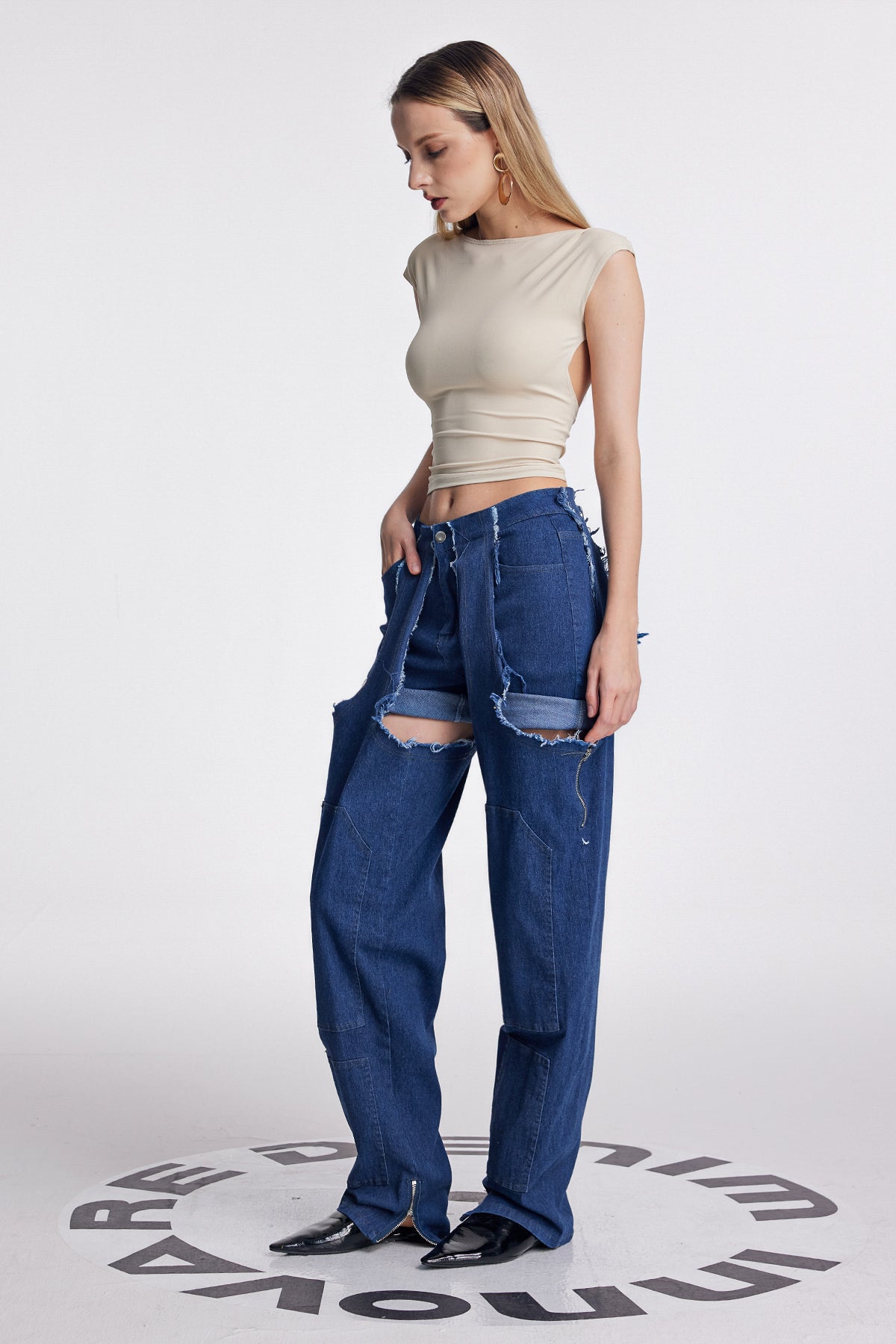Anahi Deconstruct Asymmetric Fringe Jeans In Dark Wash